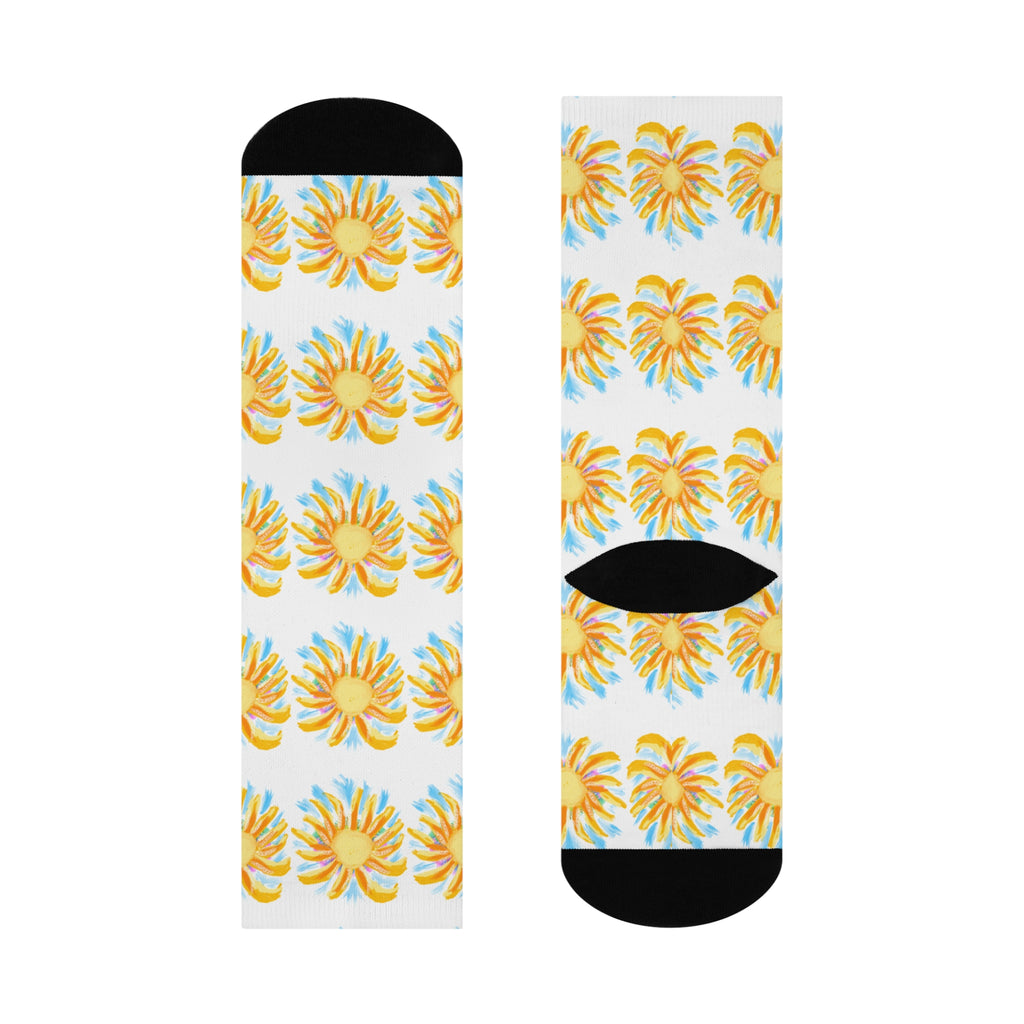 Sunburst Floral Crew Socks — Yellow Blue Sunshine Pattern Cushioned Socks