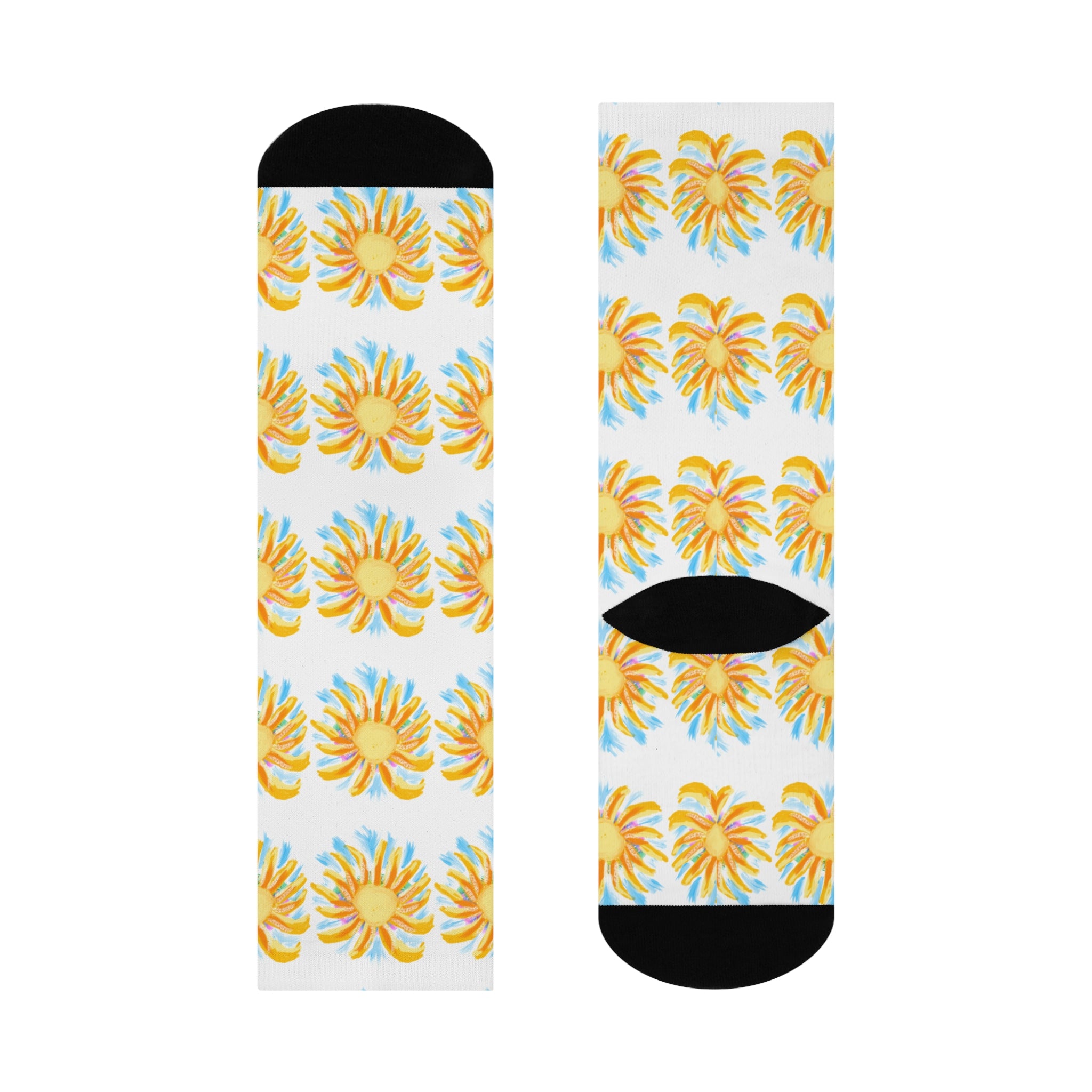 Sunburst Floral Crew Socks — Yellow Blue Sunshine Pattern Cushioned Socks