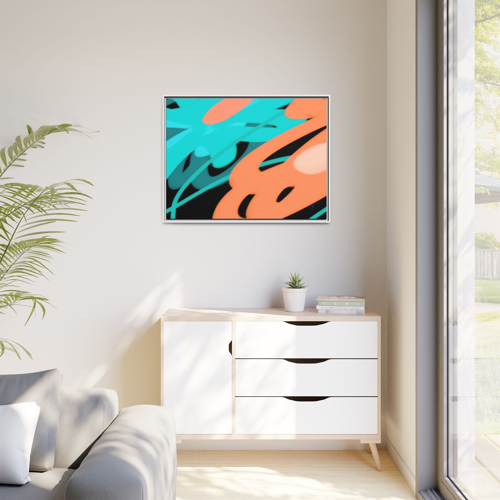 Abstract Teal & Coral Splash Framed Canvas