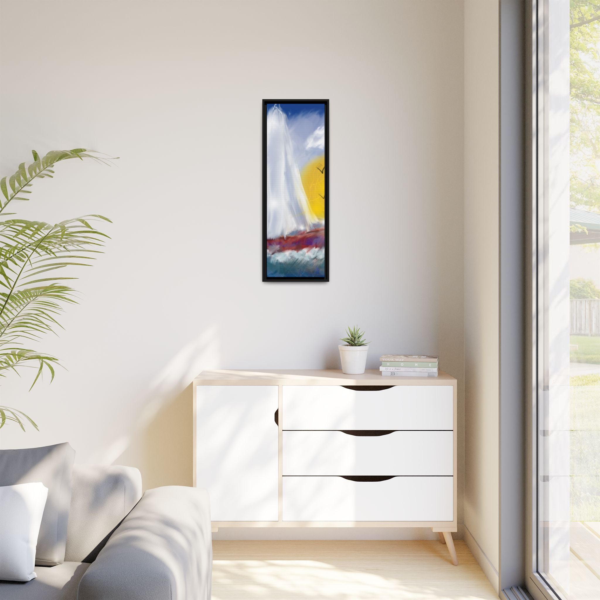 Sailboat Sunset Matte Framed Canvas Print — Coastal Seascape Wall Art
