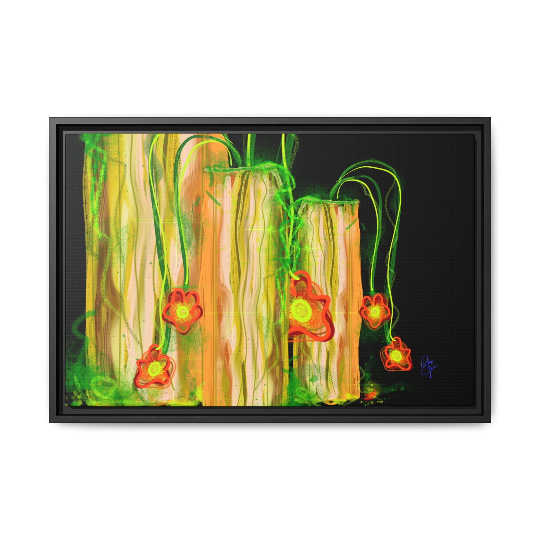 Framed Matte Canvas Print — Neon Floral Candlelight Art