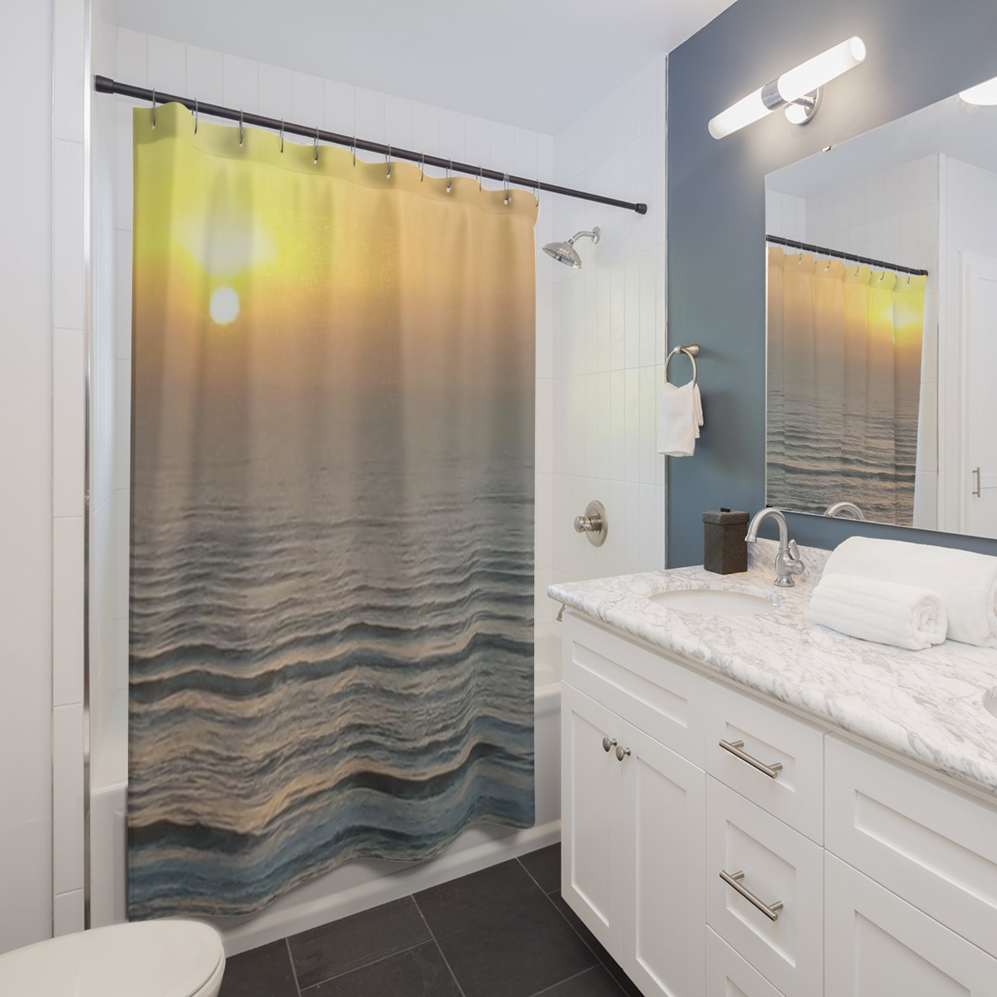 Sunrise Ocean Shower Curtain — Tranquil Coastal Bathroom Decor