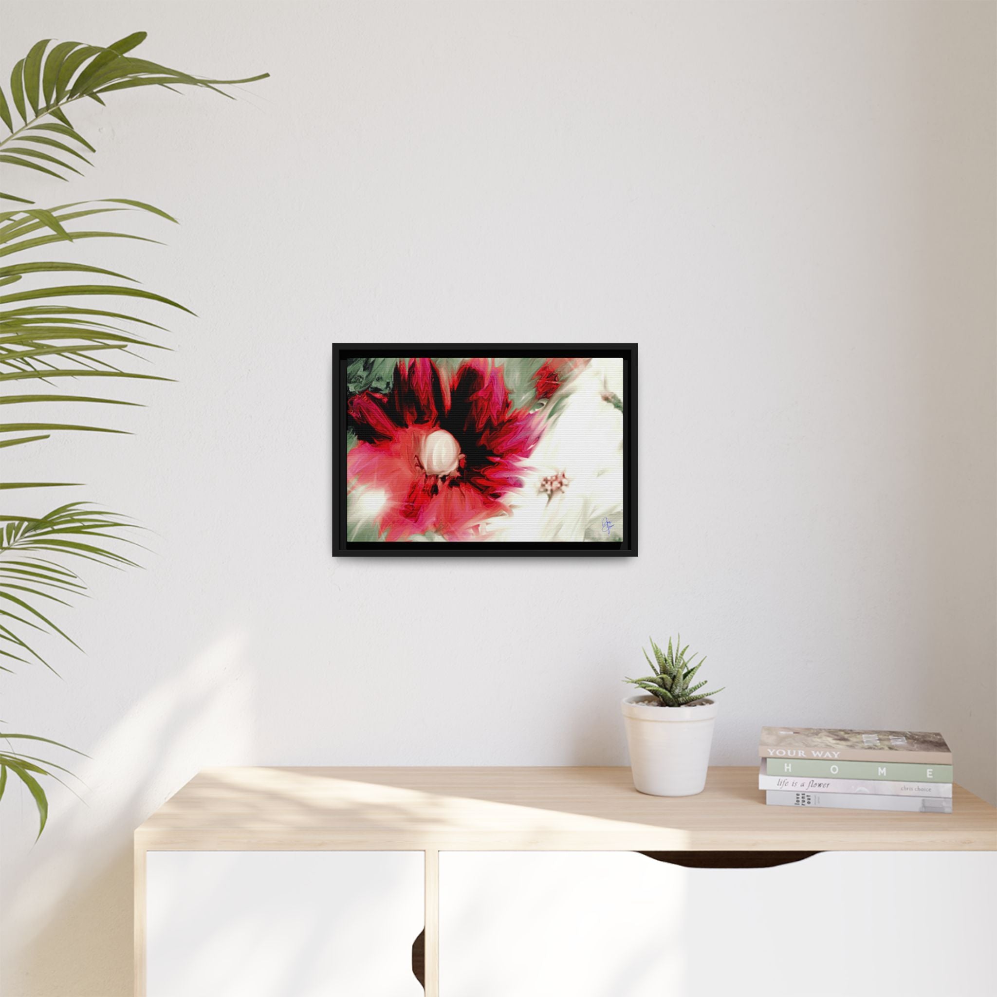 Framed Matte Canvas Print — Blurred Red & White Floral Art