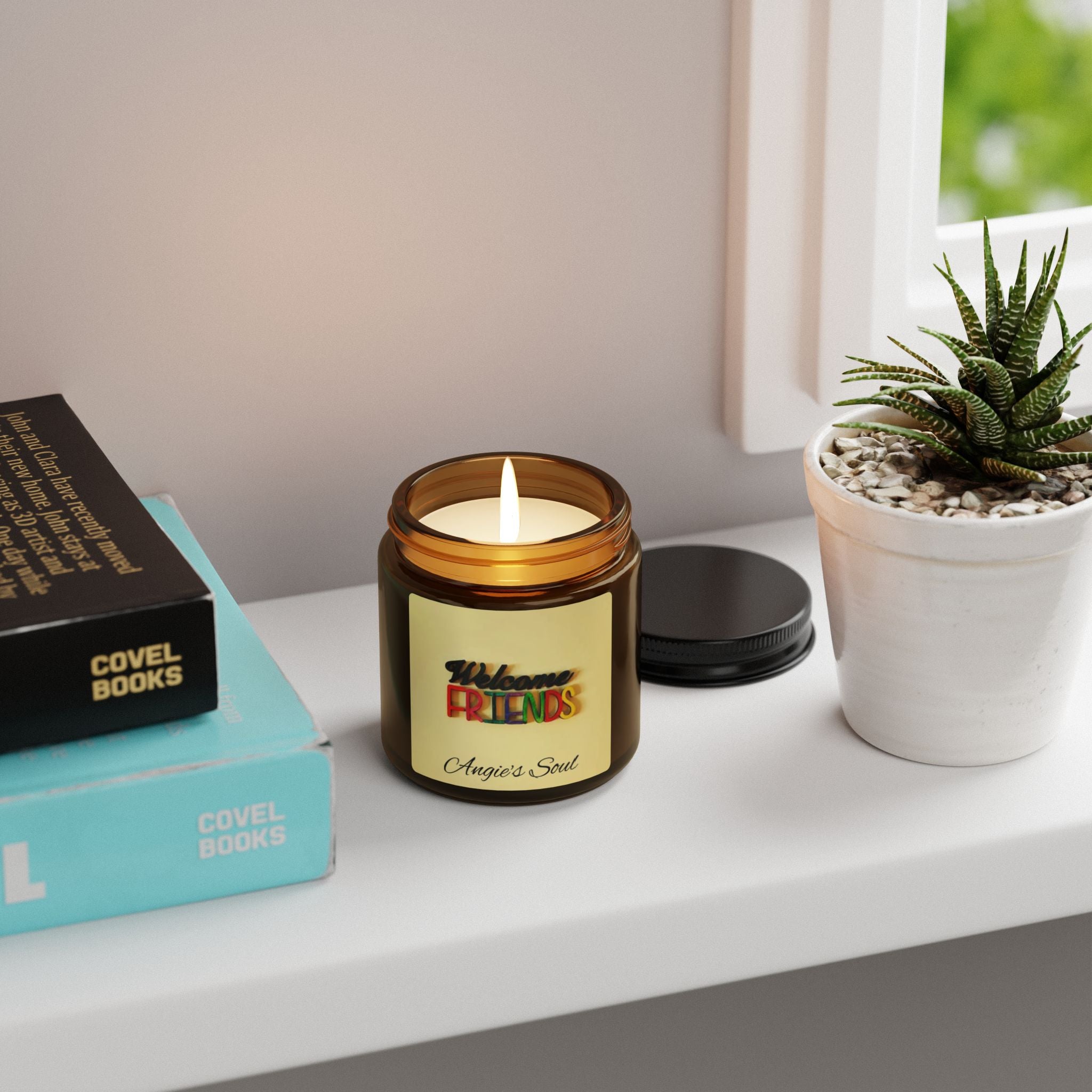 Welcome Friends Soy Candle — Amber Jar Scented Candle (Personalized "Angie’s Soul")
