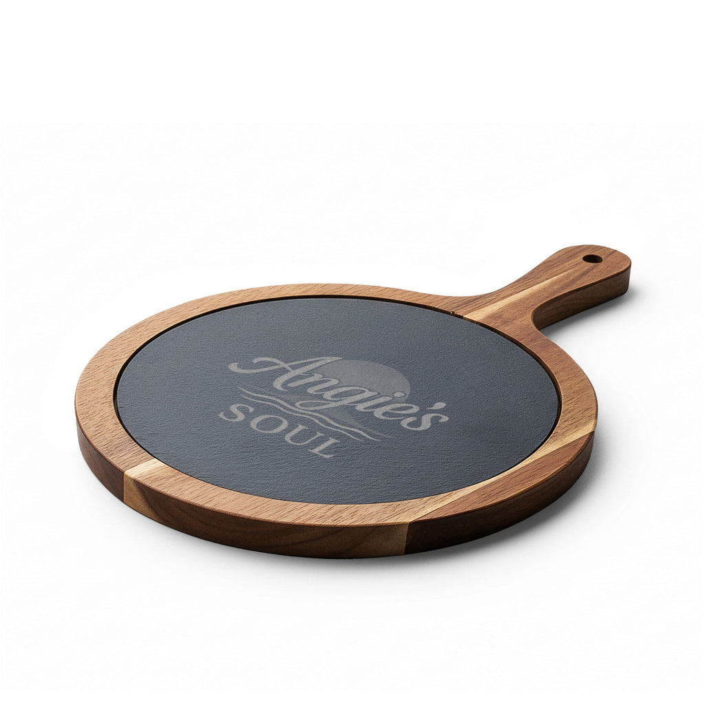 Engraved Acacia Charcuterie Board with Slate Insert & Cheese Knives — Personalized 'Angie's Soul' Design