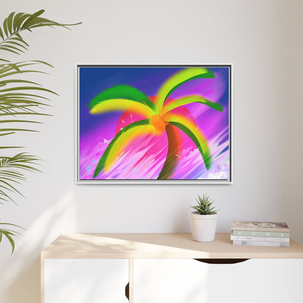 Framed Matte Canvas Print — Neon Palm Beach Art