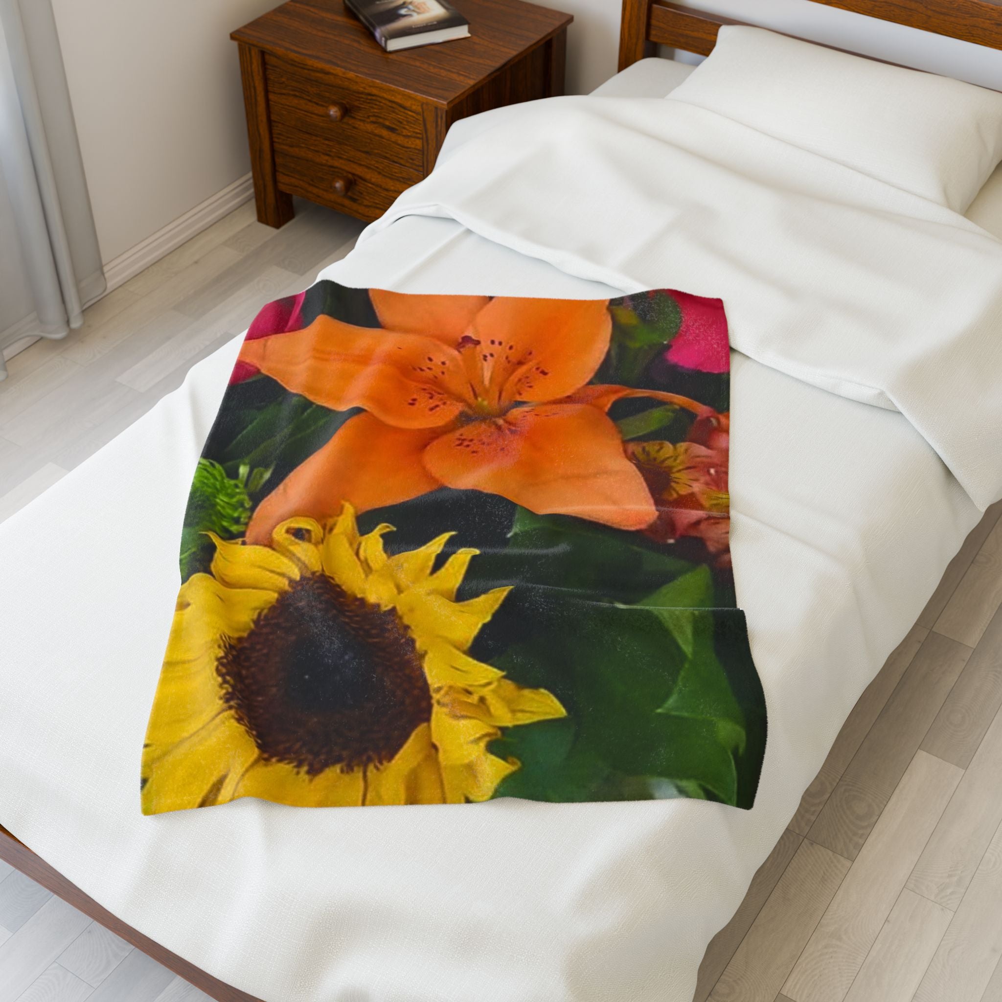 Velveteen Plush Blanket — Vibrant Floral Bouquet Throw (Sunflower & Orange Lily)