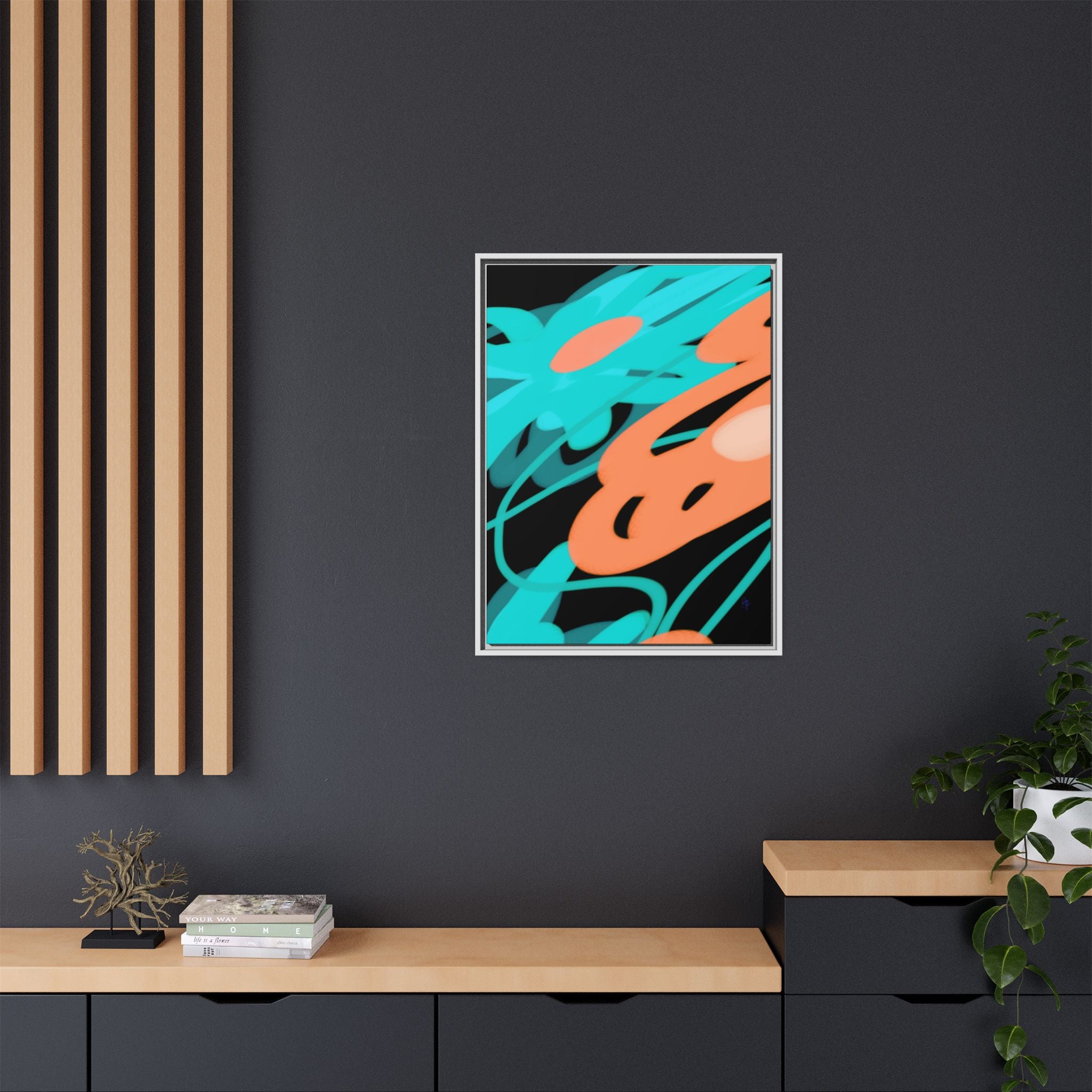 Abstract Teal & Coral Splash Framed Canvas
