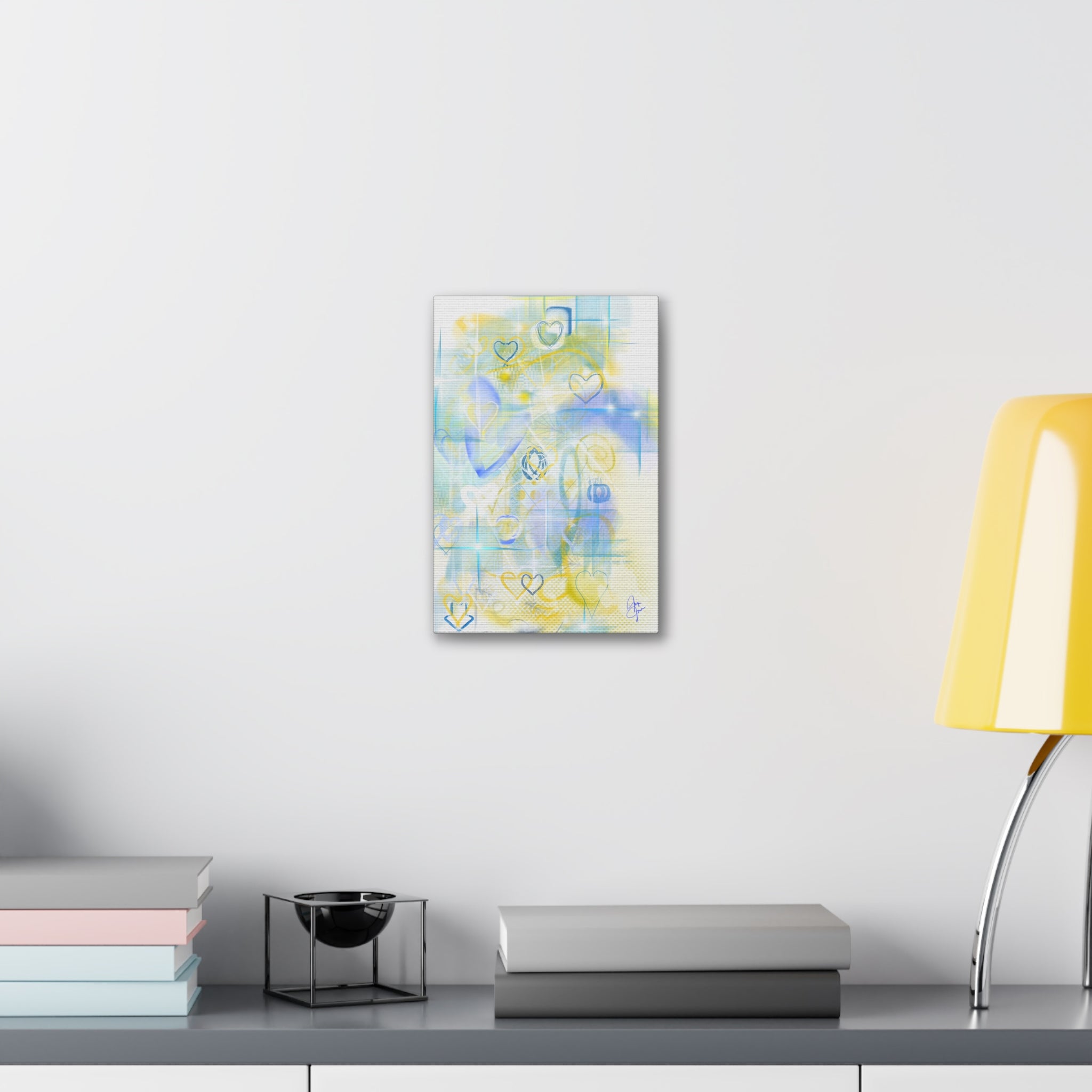 Pastel Heart Abstract Canvas Print — Blue & Yellow Stretched Wall Art (1.5")
