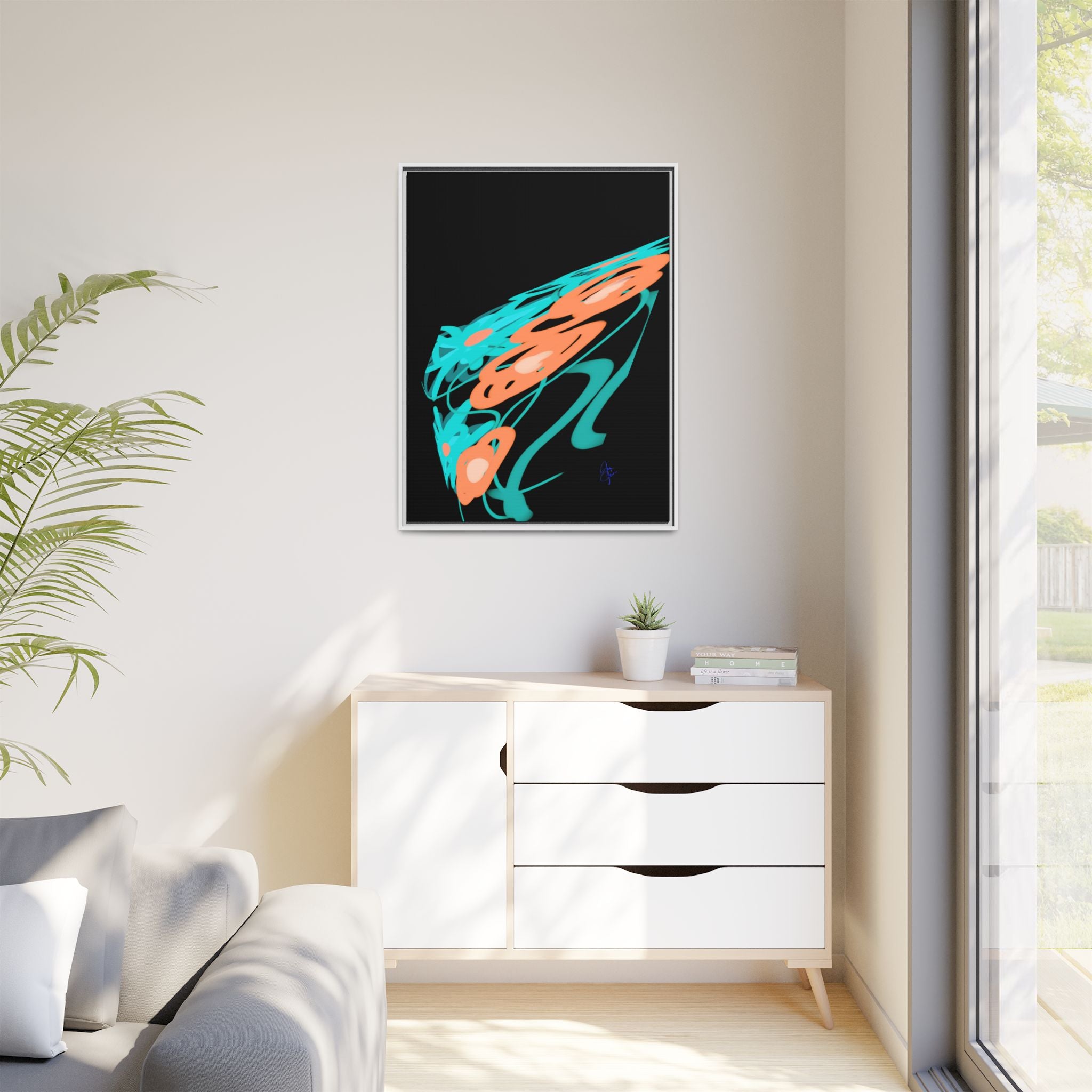 Abstract Teal & Coral Splash Framed Canvas