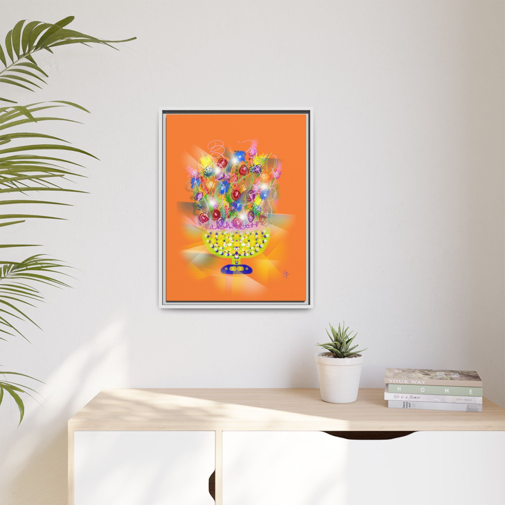 Framed Canvas Art - Colorful Festive Bouquet on Deep Blue Matte