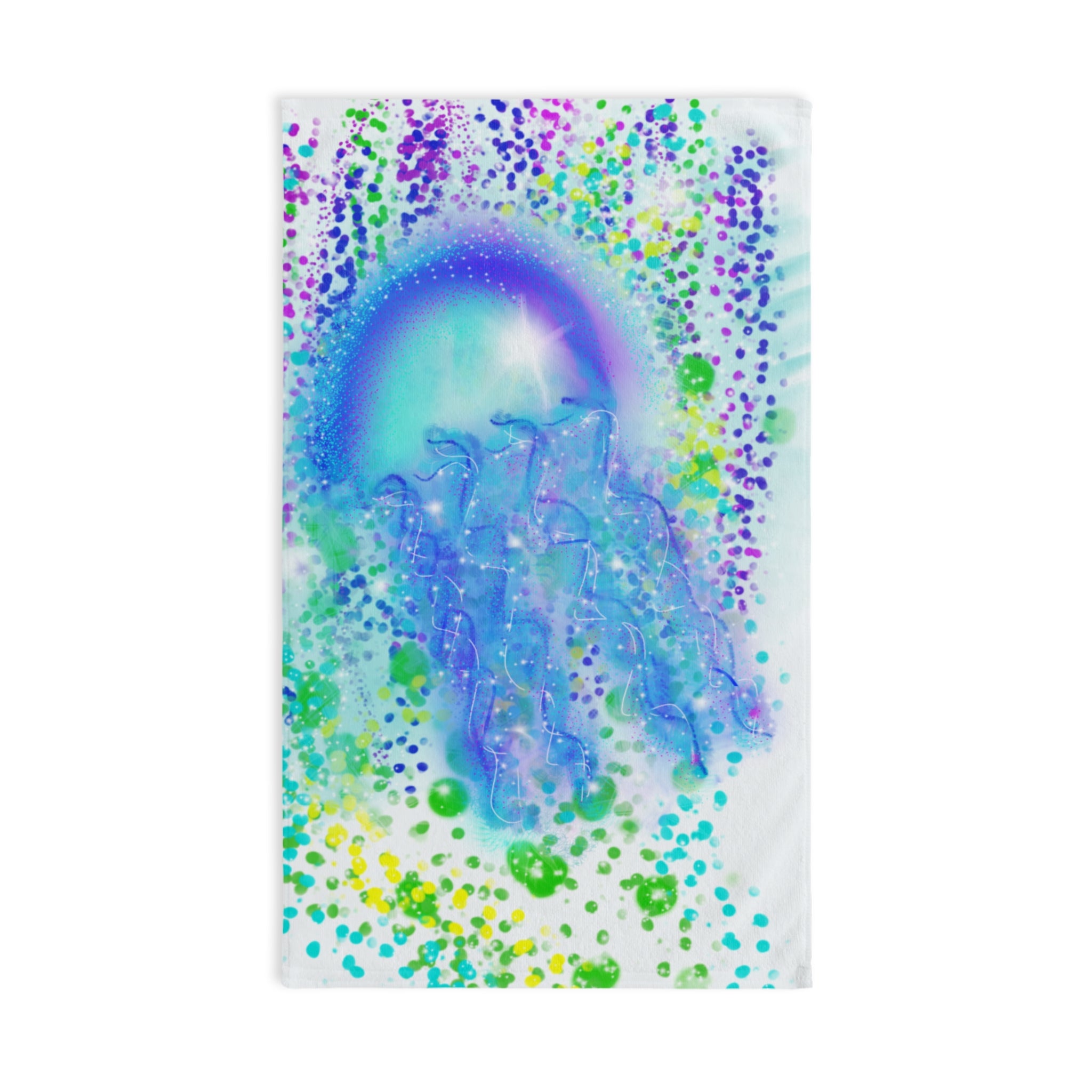 Jellyfish Splash Hand Towel — Iridescent Ocean Waves, Blue & Teal Sea Life Design