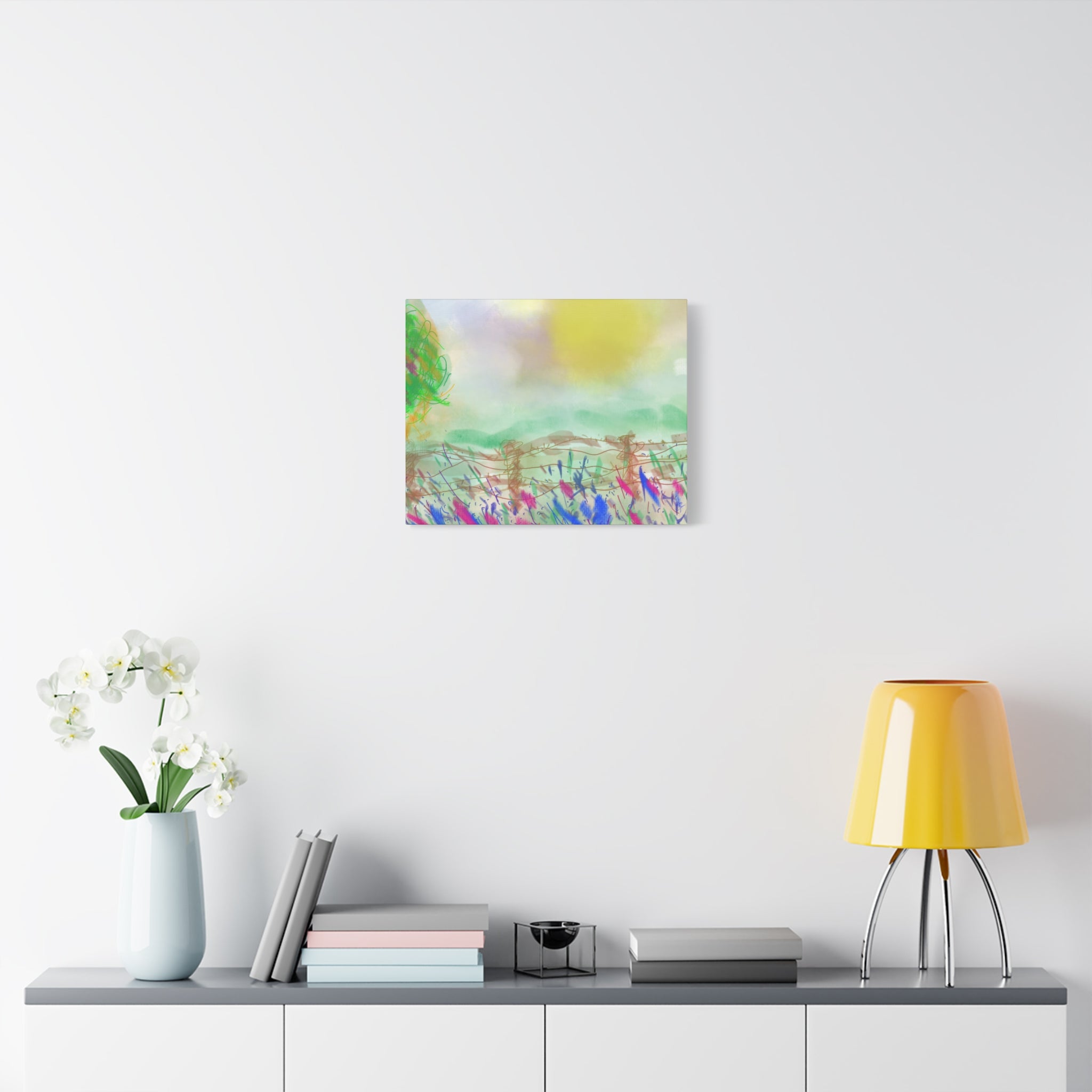 Sunlit Meadow Matte Canvas Wall Art — Pastel Landscape Stretched Canvas