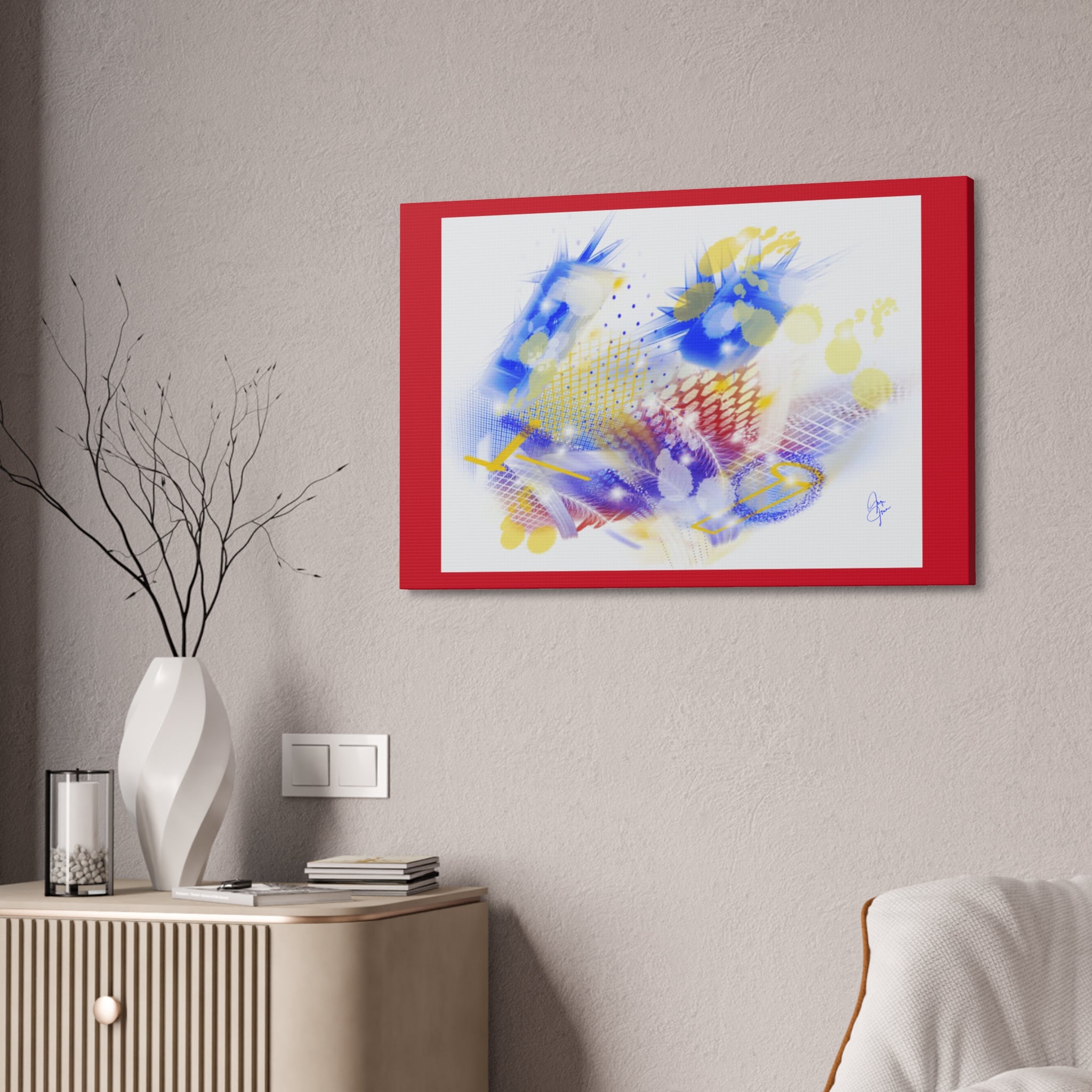 Abstract Blue & Yellow Art Canvas Print — Stretched 1.5" with Red Border