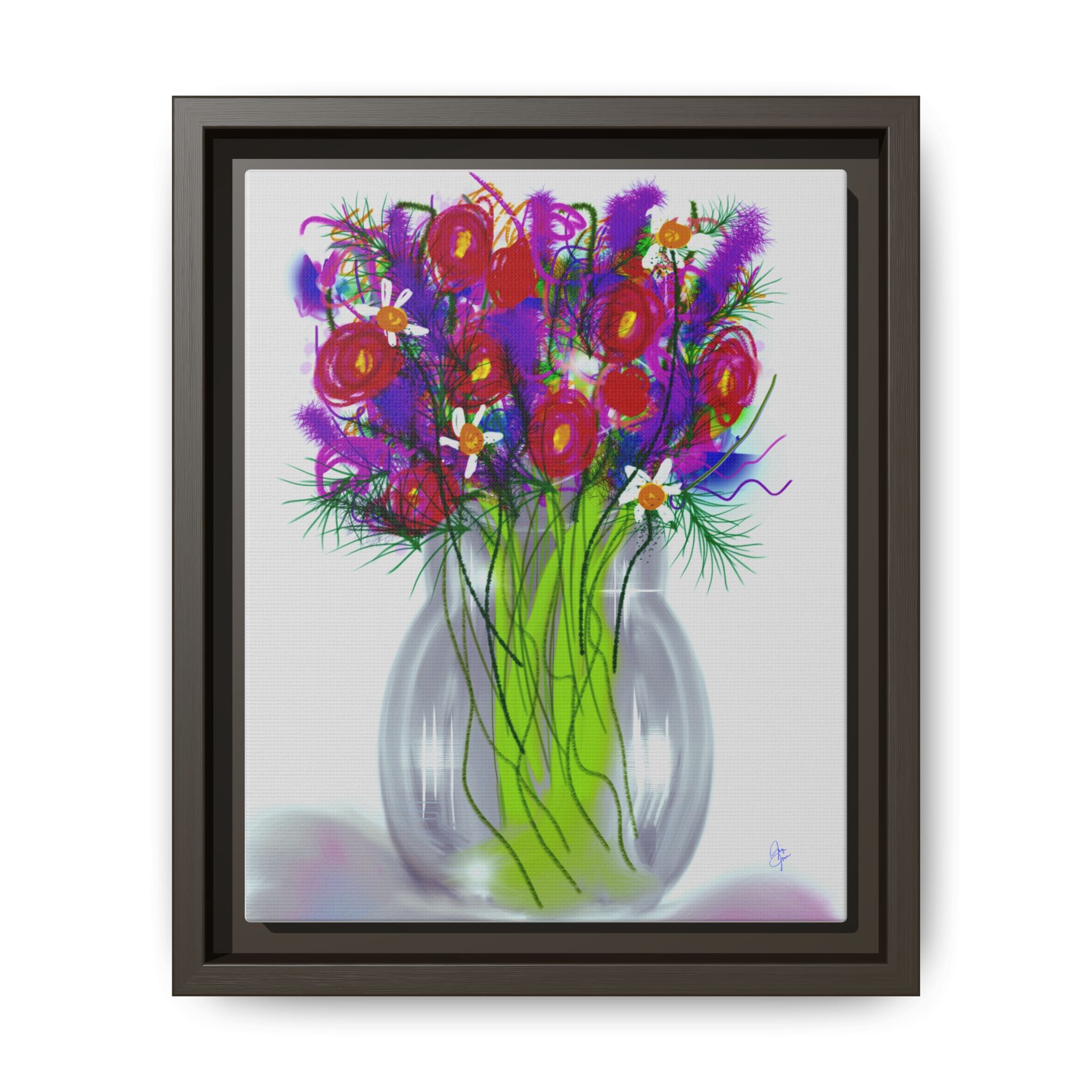 Framed Floral Bouquet Matte Canvas Wall Art — Colorful Abstract Flowers in Vase