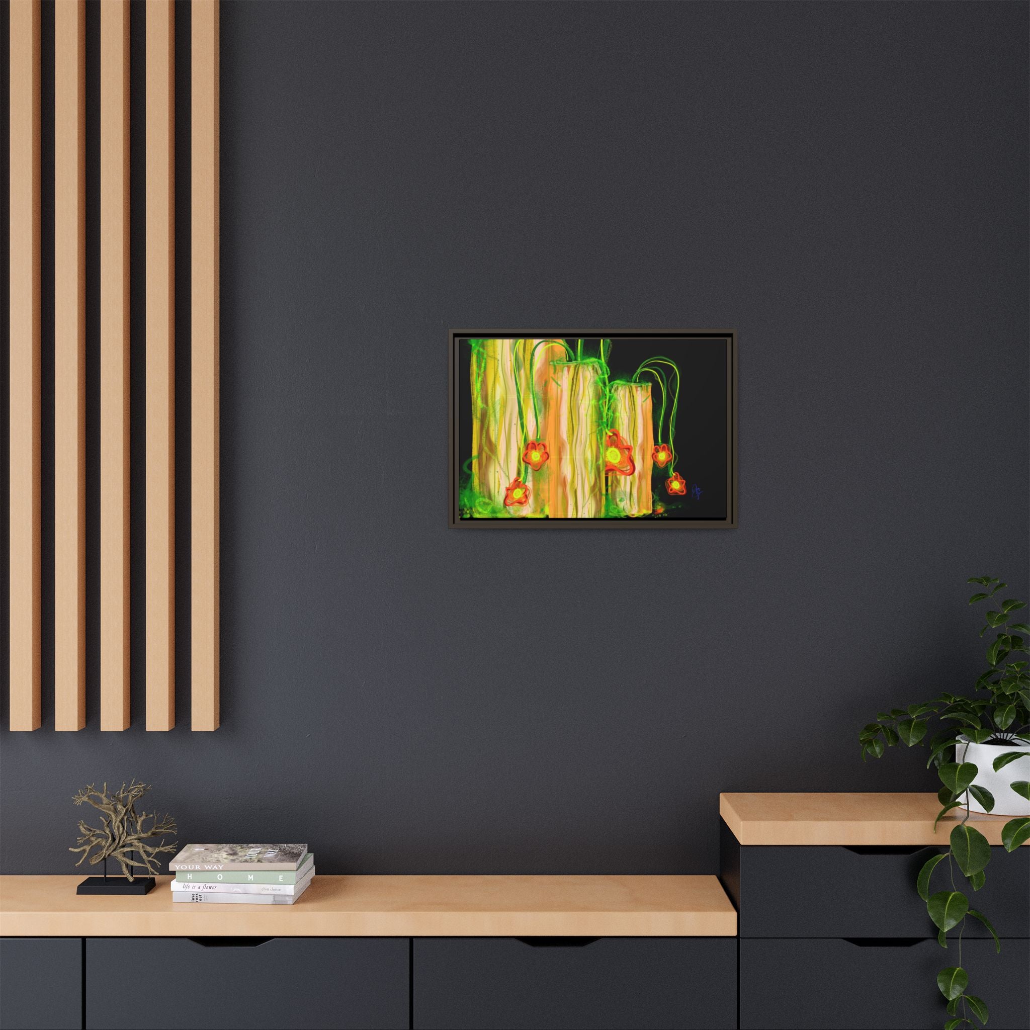 Framed Matte Canvas Print — Neon Floral Candlelight Art