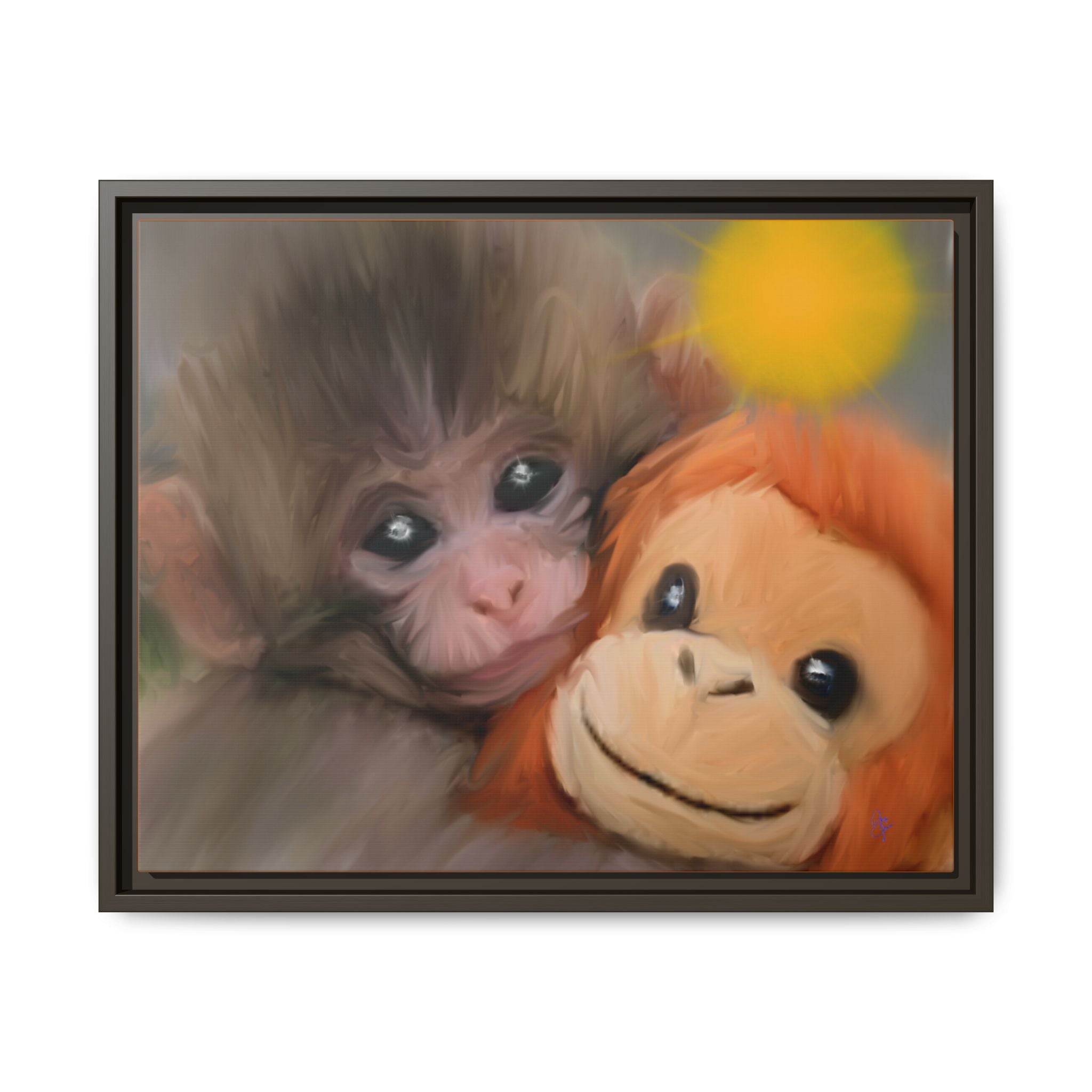 Framed Matte Canvas Print — Baby Monkey & Plush Orangutan Wall Art