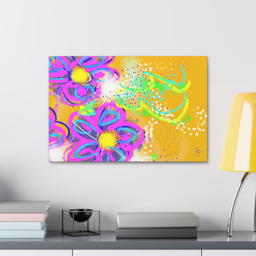 Vibrant Neon Floral Canvas Print — Pink & Green Stretched Wall Art