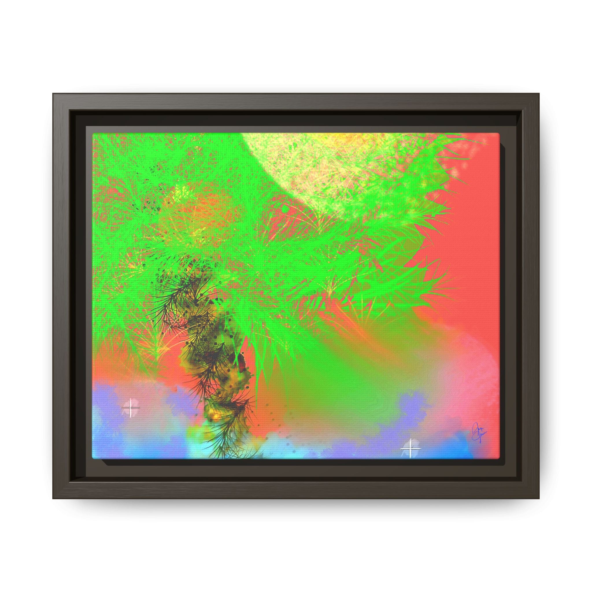 Abstract Neon Tree Matte Canvas Framed Art — Vibrant Green Moon Landscape