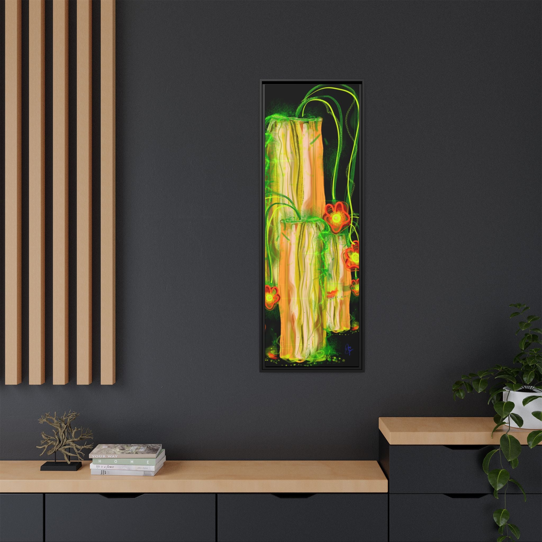 Framed Matte Canvas Print — Neon Floral Candlelight Art