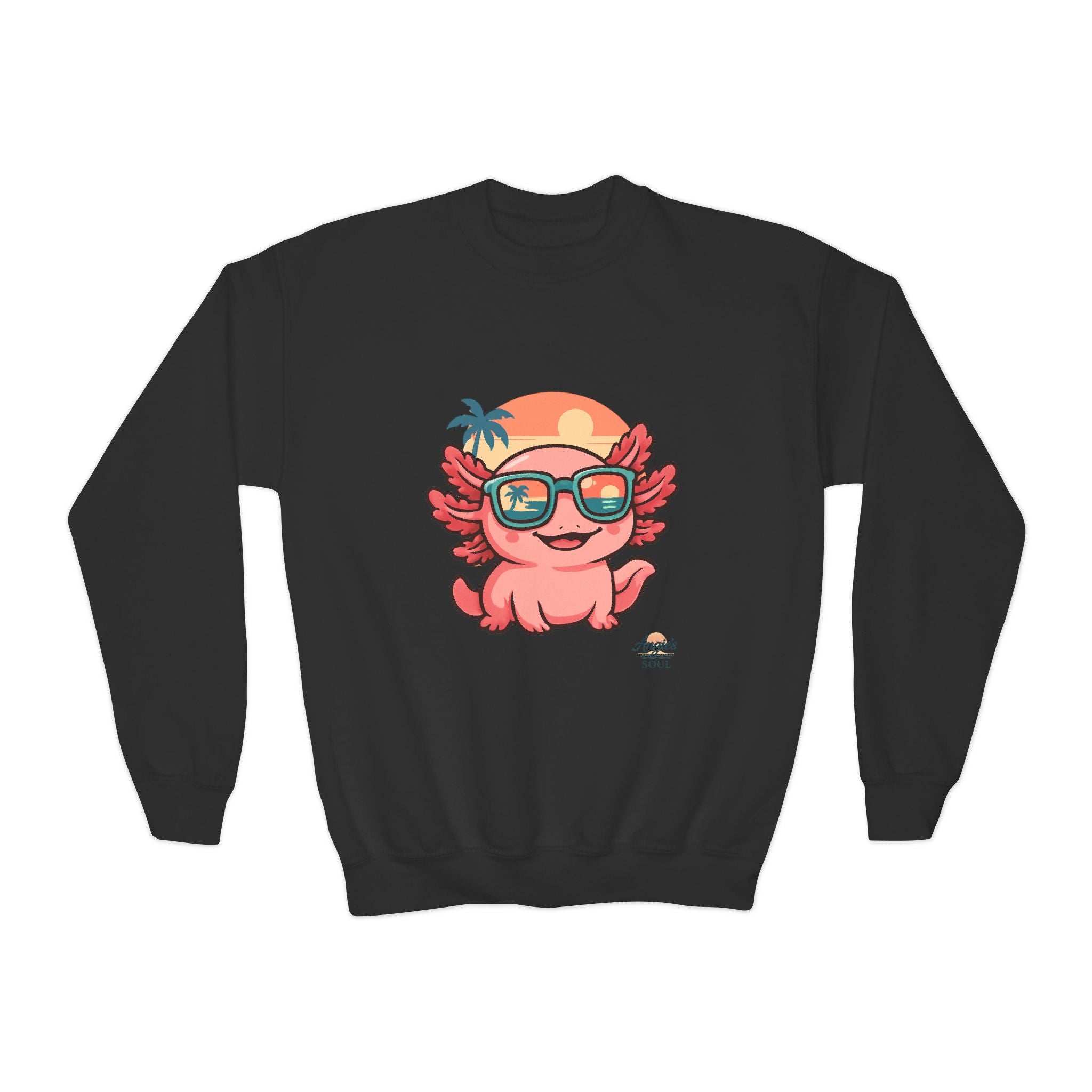 Axolotl Crewneck Sweatshirt — Cute Pink Axolotl with Sunglasses & Sunset