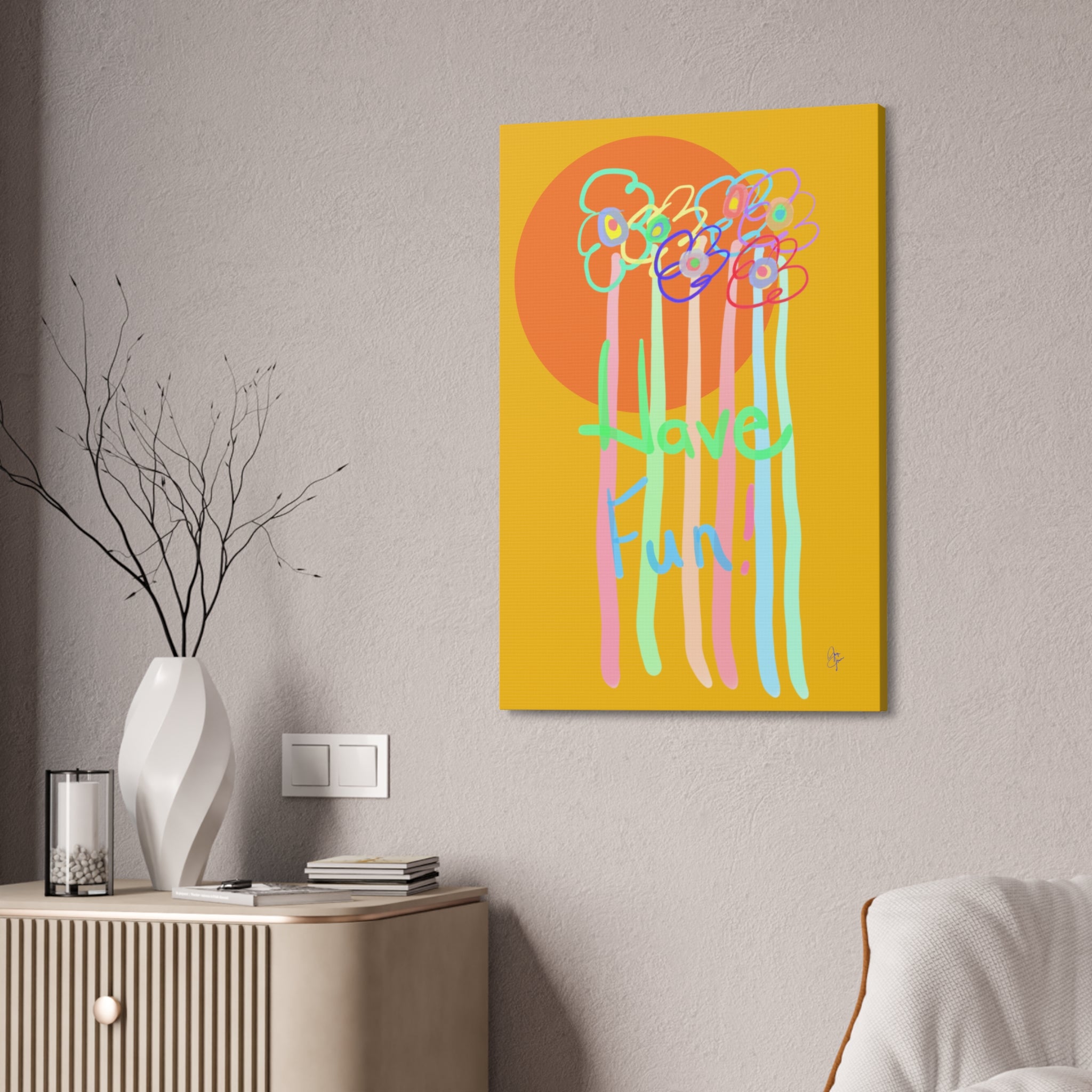 Have Fun Floral Canvas Art — Bright Green Stretched Wall Decor
