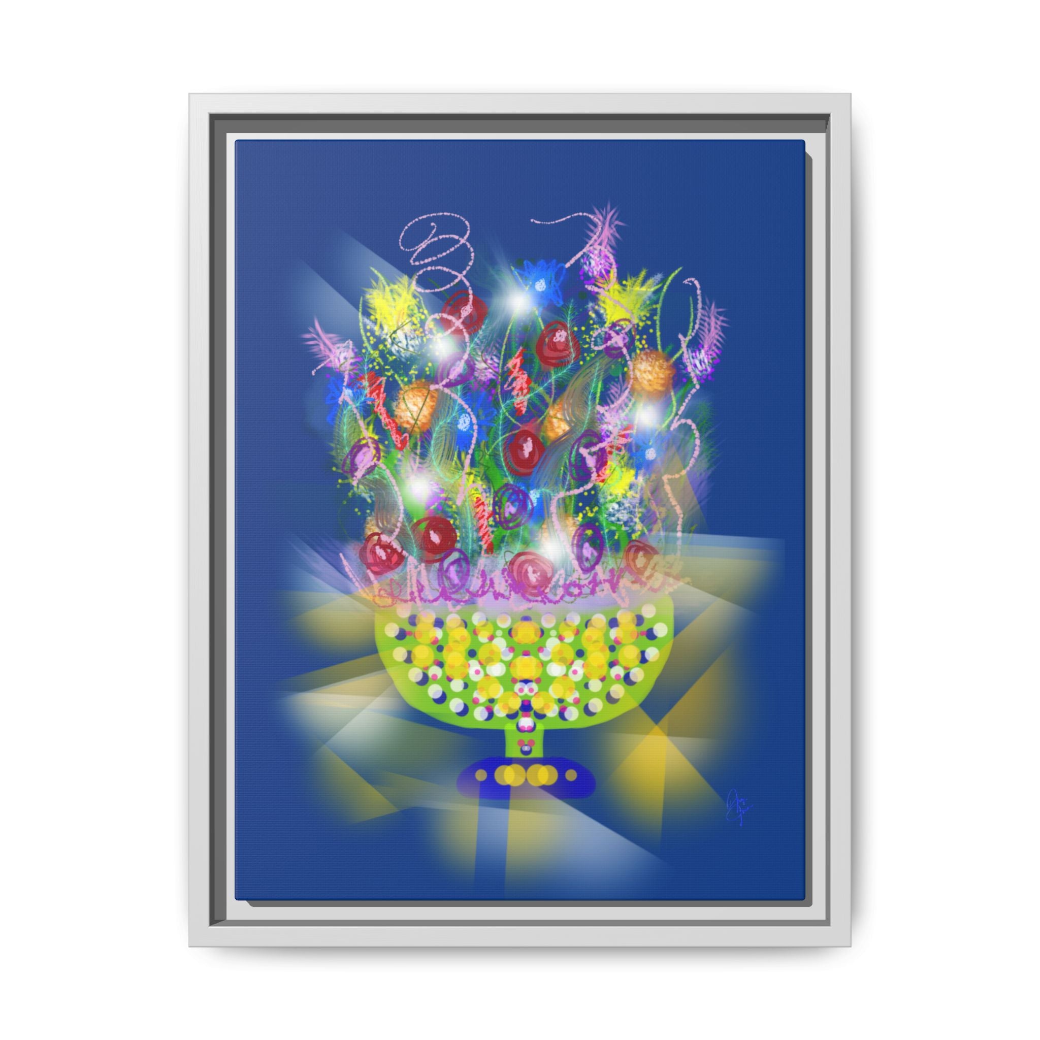 Framed Canvas Art - Colorful Festive Bouquet on Deep Blue Matte