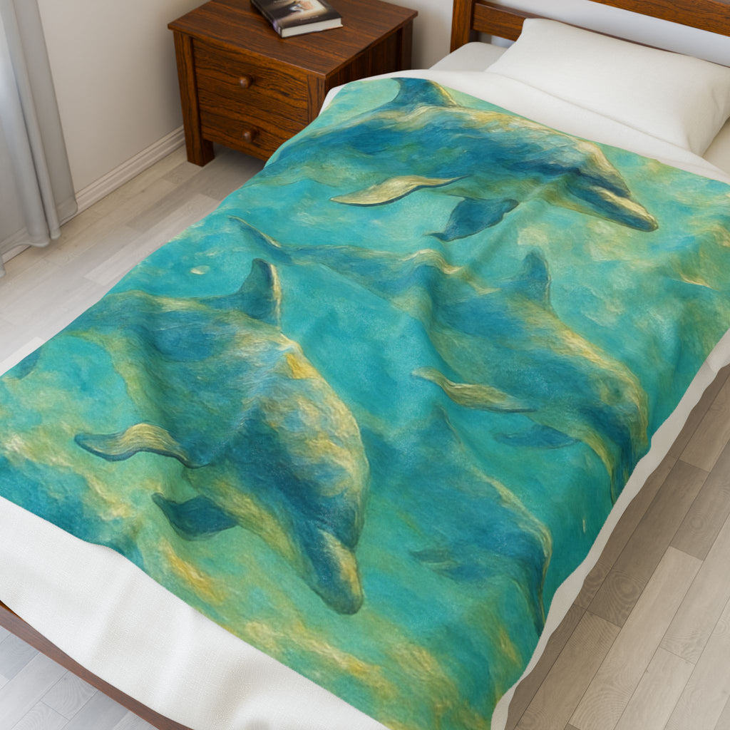 Dolphin Ocean Velveteen Plush Blanket — Soft Marine Life Throw