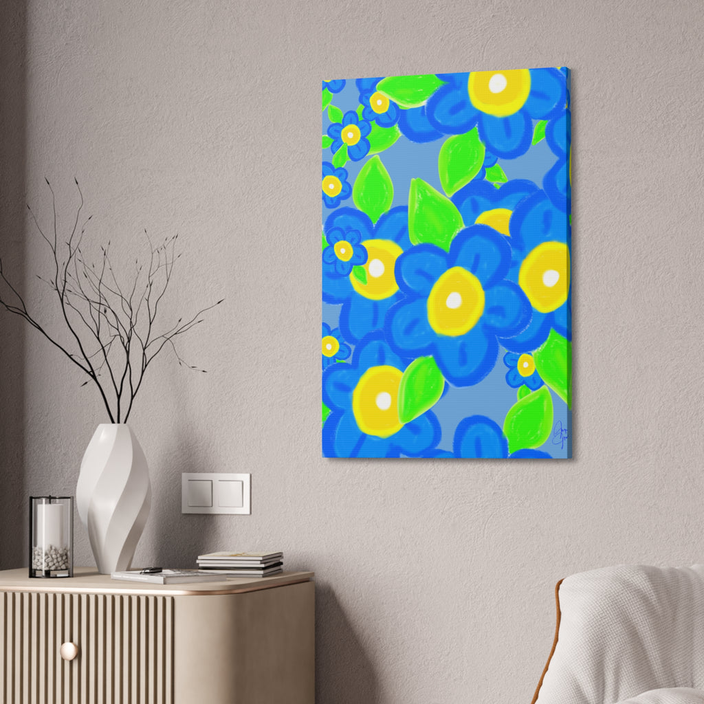 Blue Floral Canvas Wall Art — Bright Hand-Drawn Flowers on Mustard Background