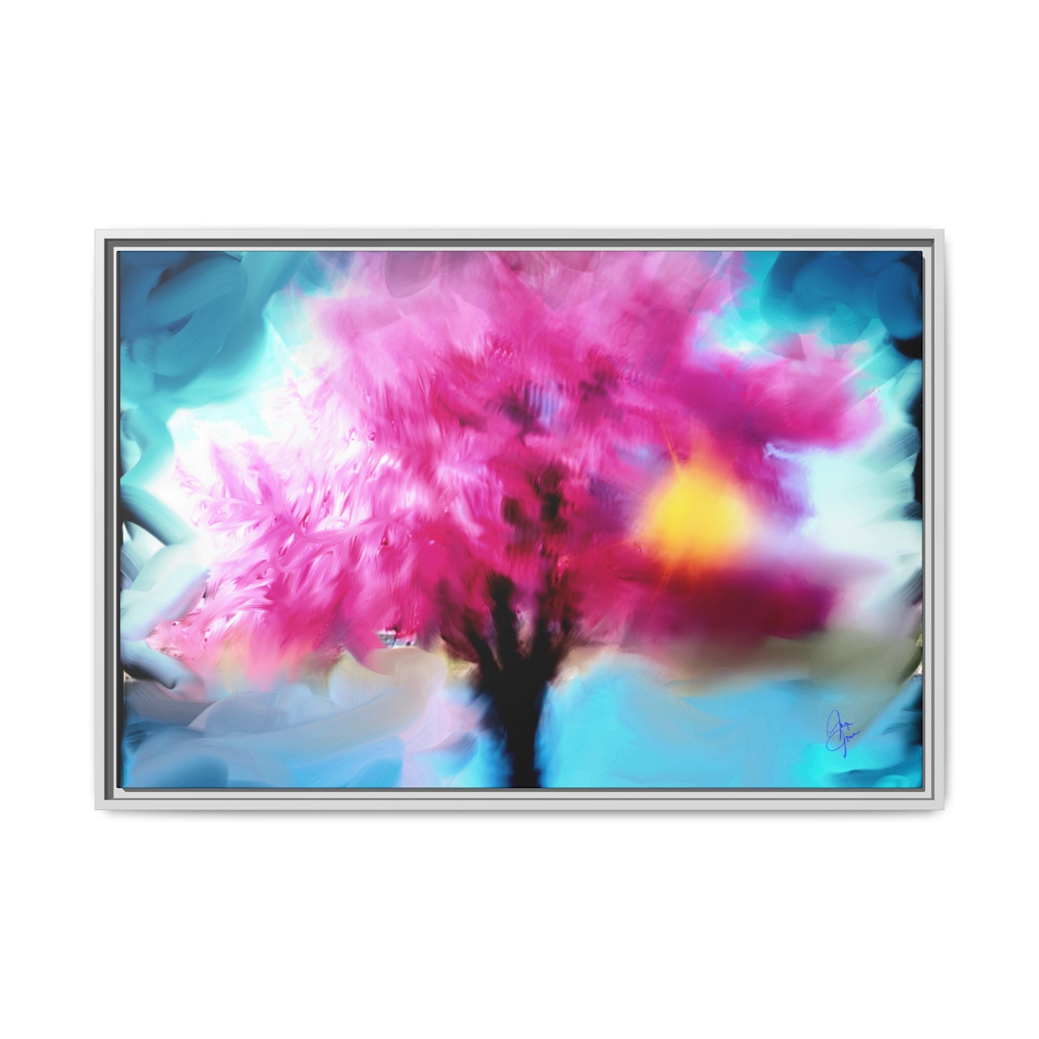 Framed Abstract Blossom Canvas — Vertical Pink & Blue Wall Art