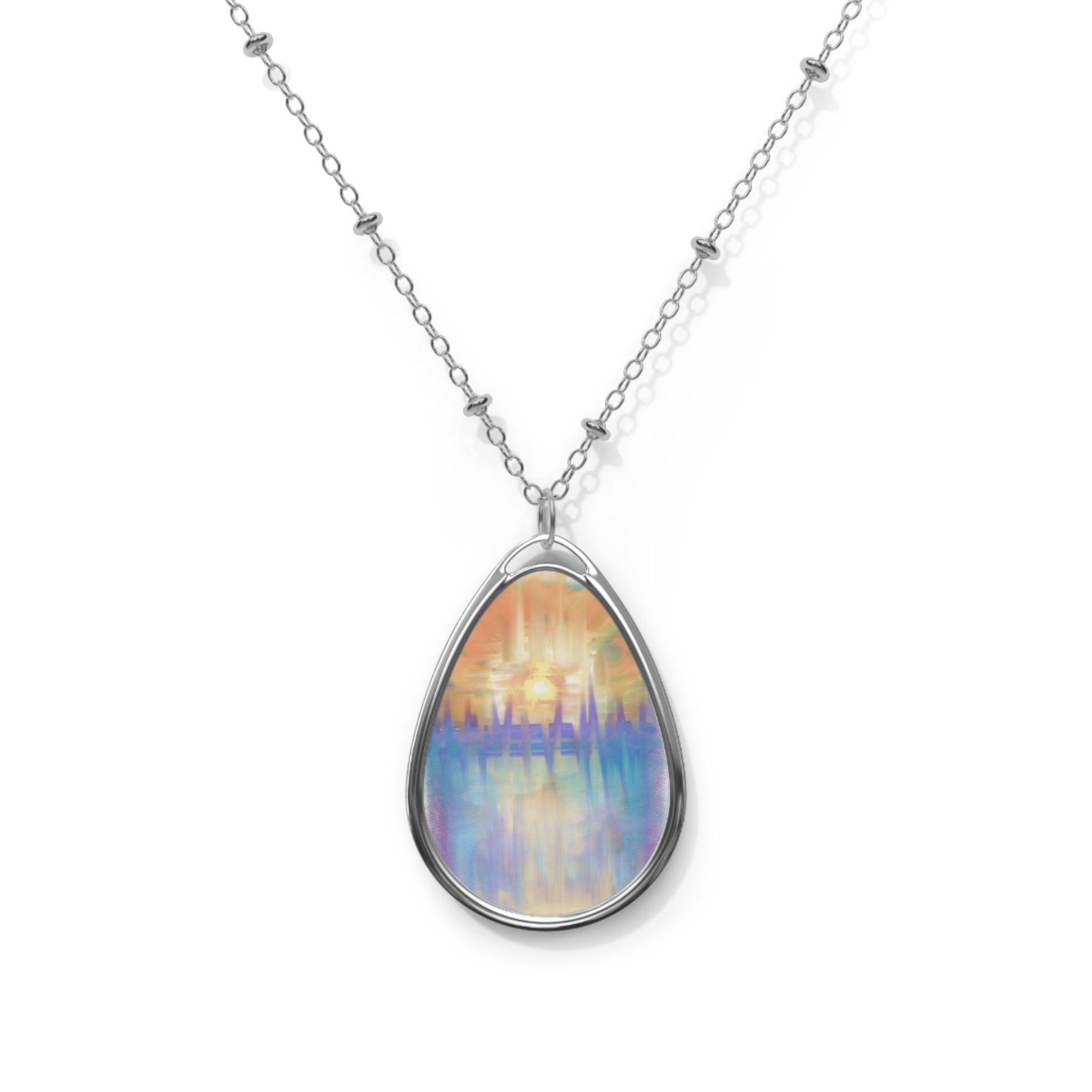 Oval Pendant Necklace — Iridescent Abstract Teardrop Chain