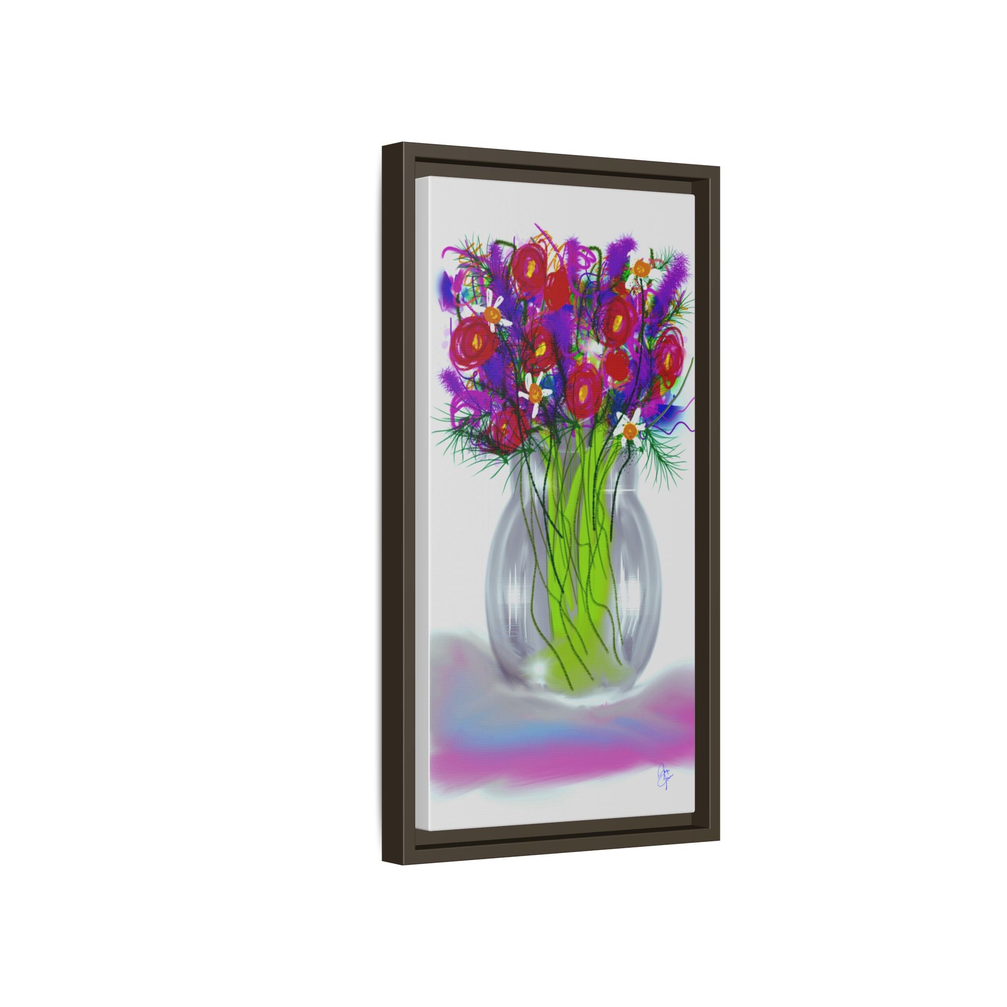Framed Floral Bouquet Matte Canvas Wall Art — Colorful Abstract Flowers in Vase