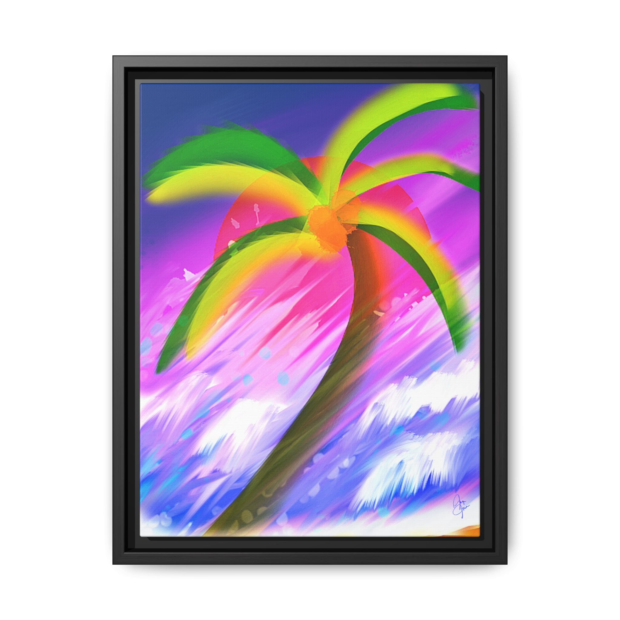 Framed Matte Canvas Print — Neon Palm Beach Art