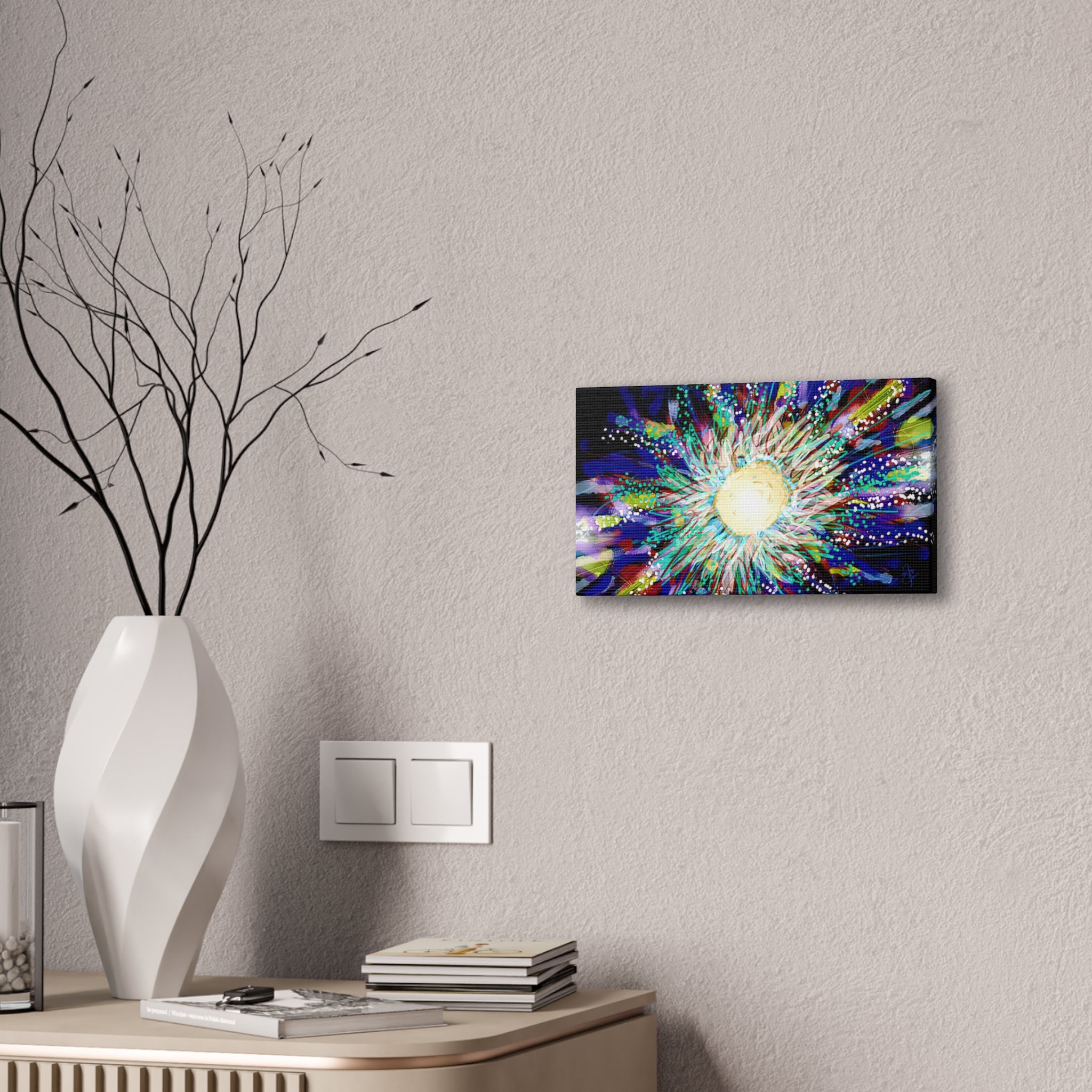 Abstract Cosmic Burst Canvas Wall Art — Colorful Sunflower Explosion on Black