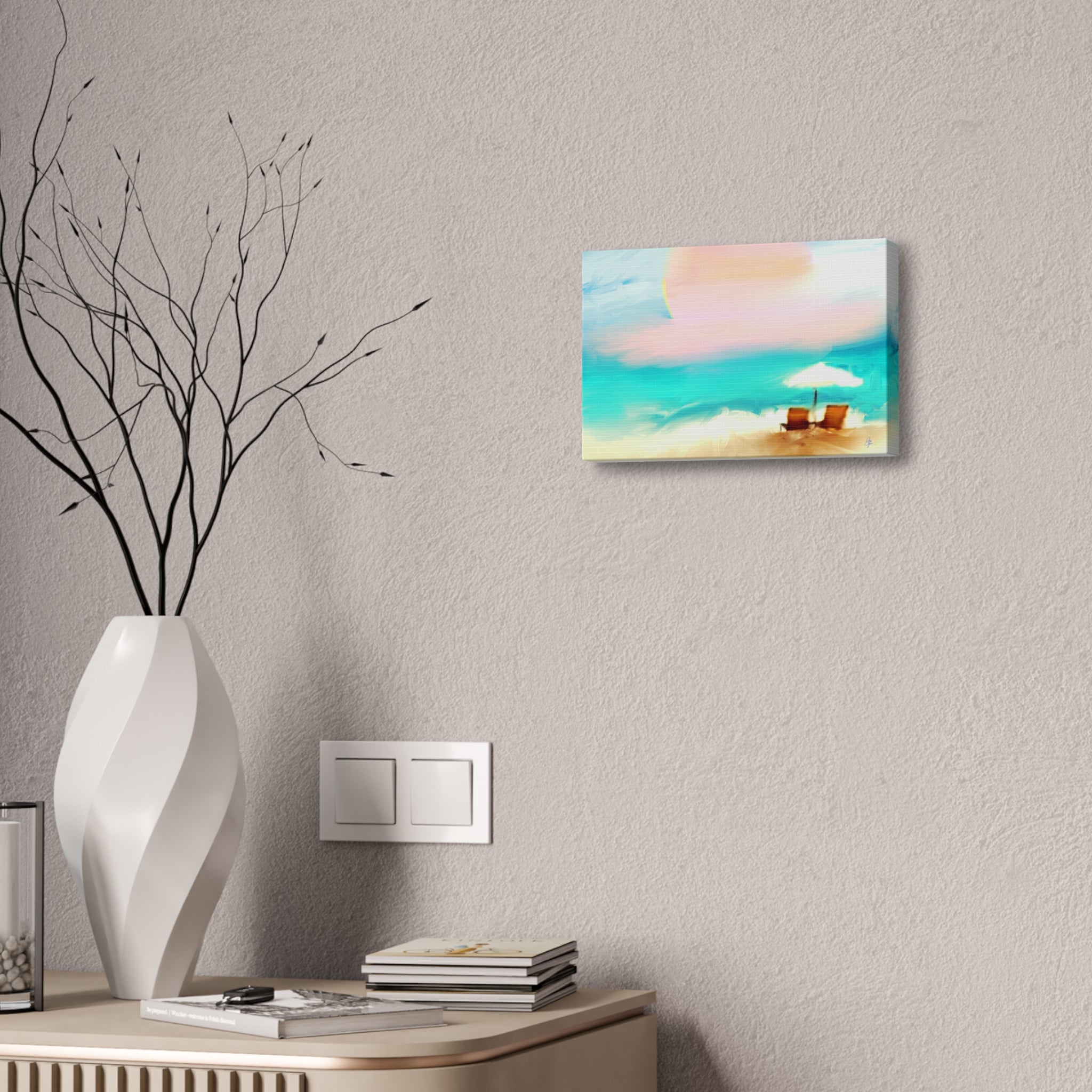 Beach Sunset Canvas Wall Art — Tropical Chairs & Umbrella Stretched Canvas