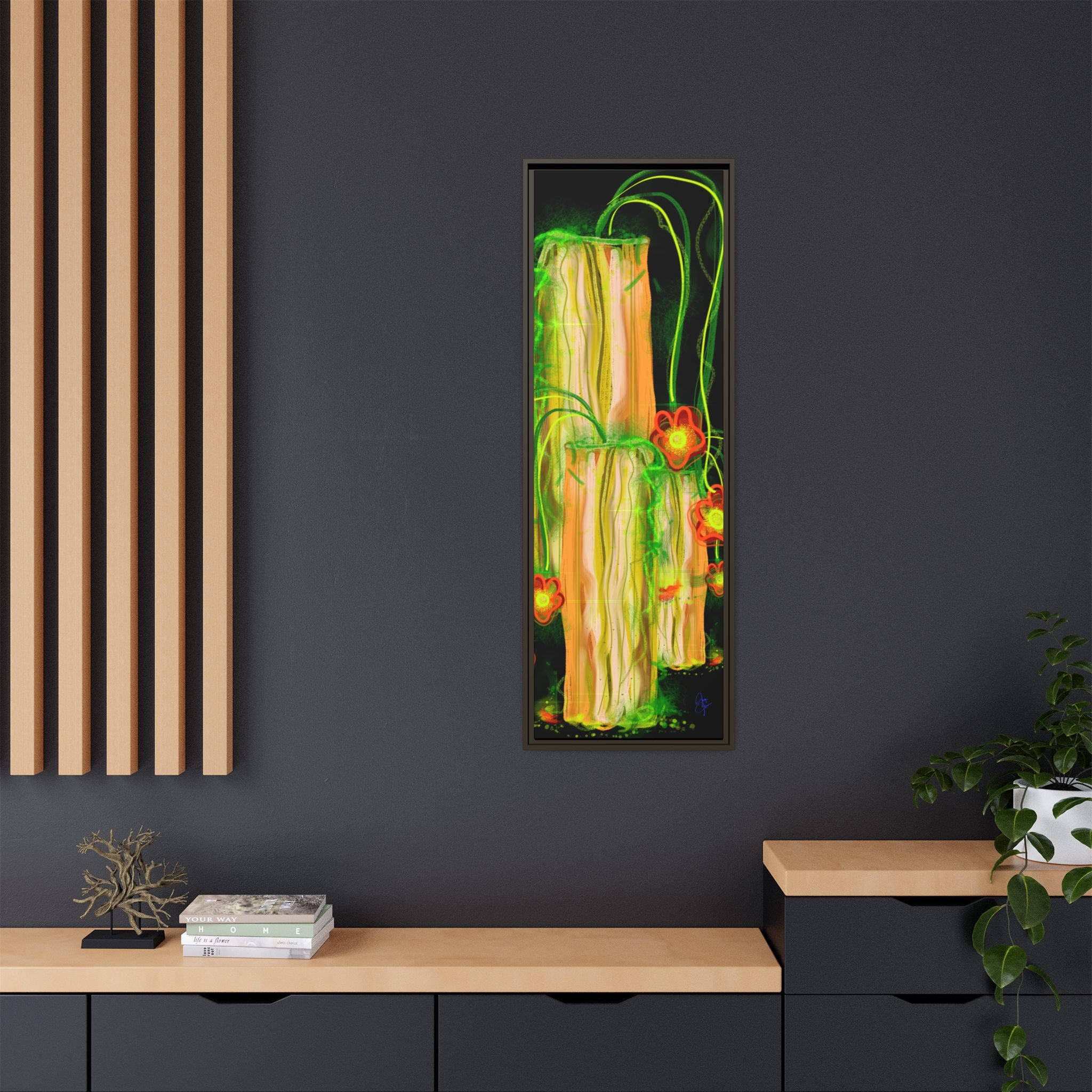 Framed Matte Canvas Print — Neon Floral Candlelight Art