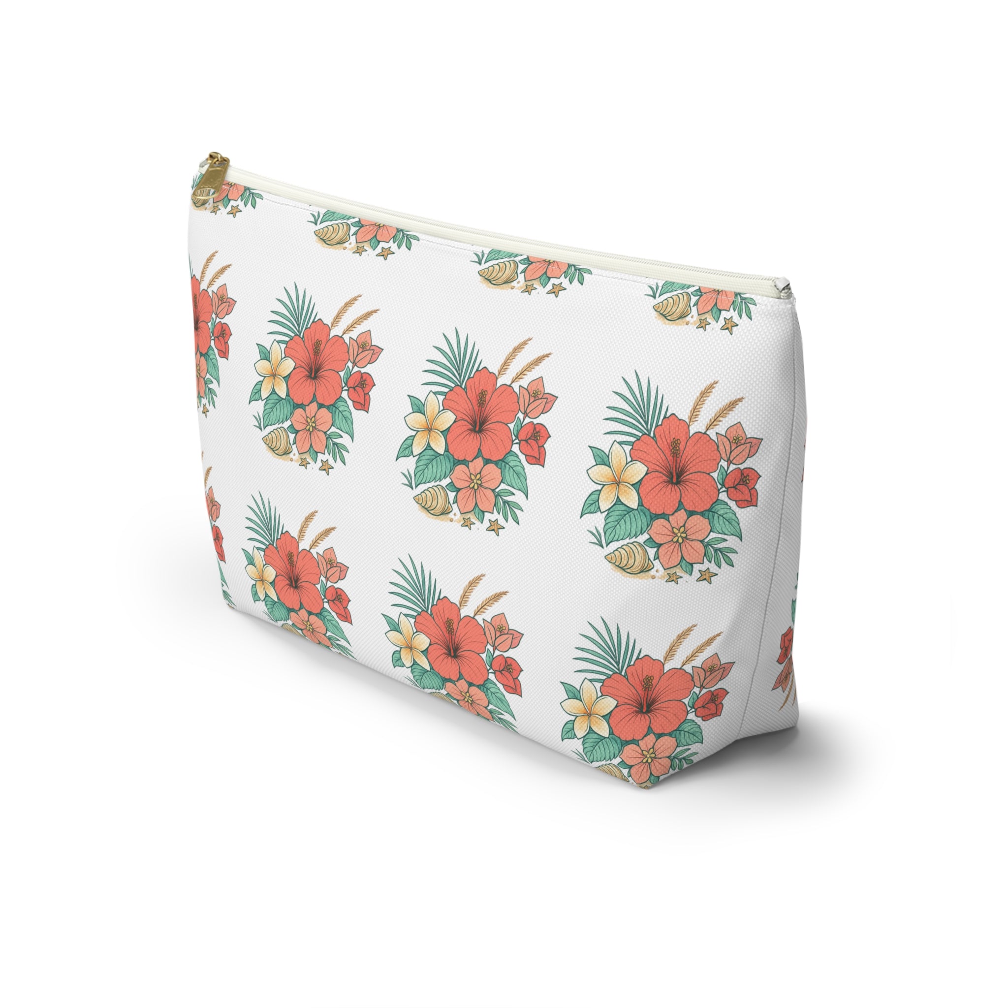 Tropical Floral Accessory Pouch — Hibiscus Cosmetic Bag with T-Bottom