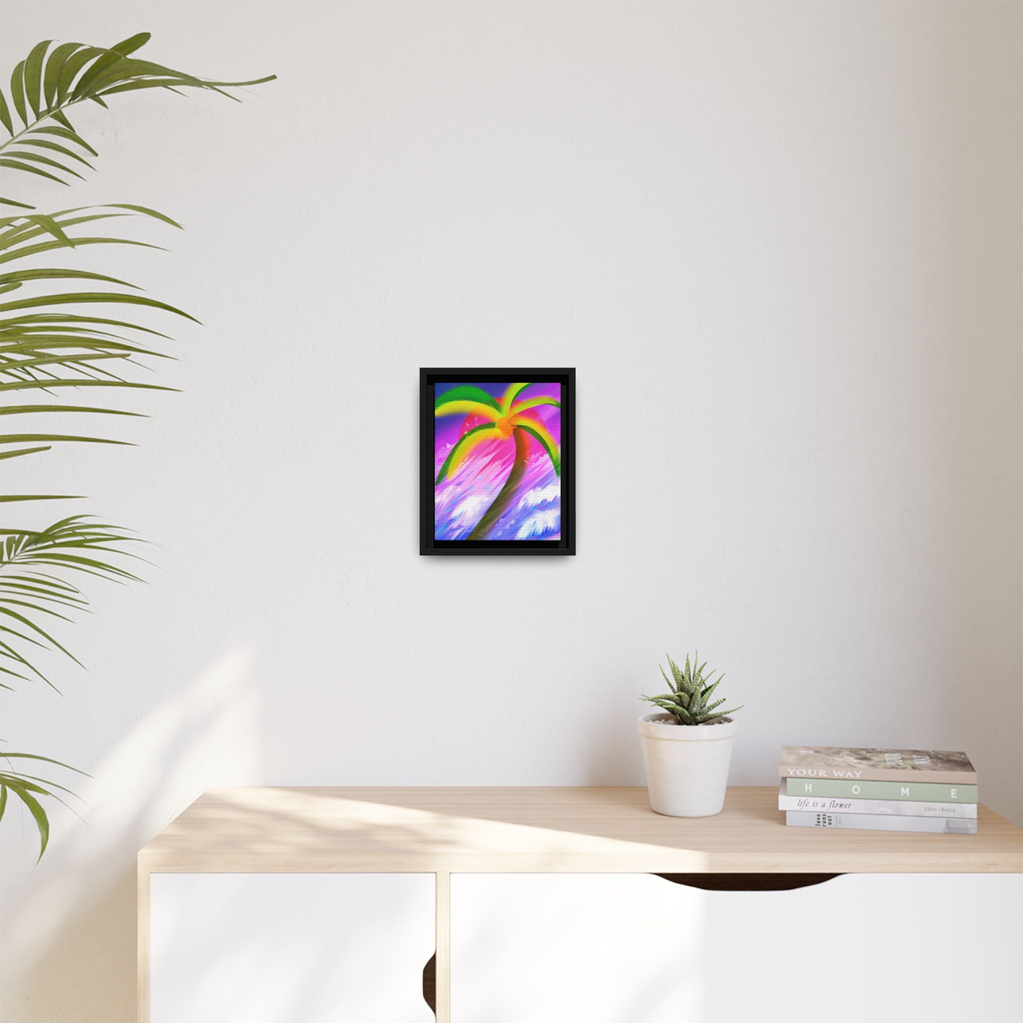 Framed Matte Canvas Print — Neon Palm Beach Art