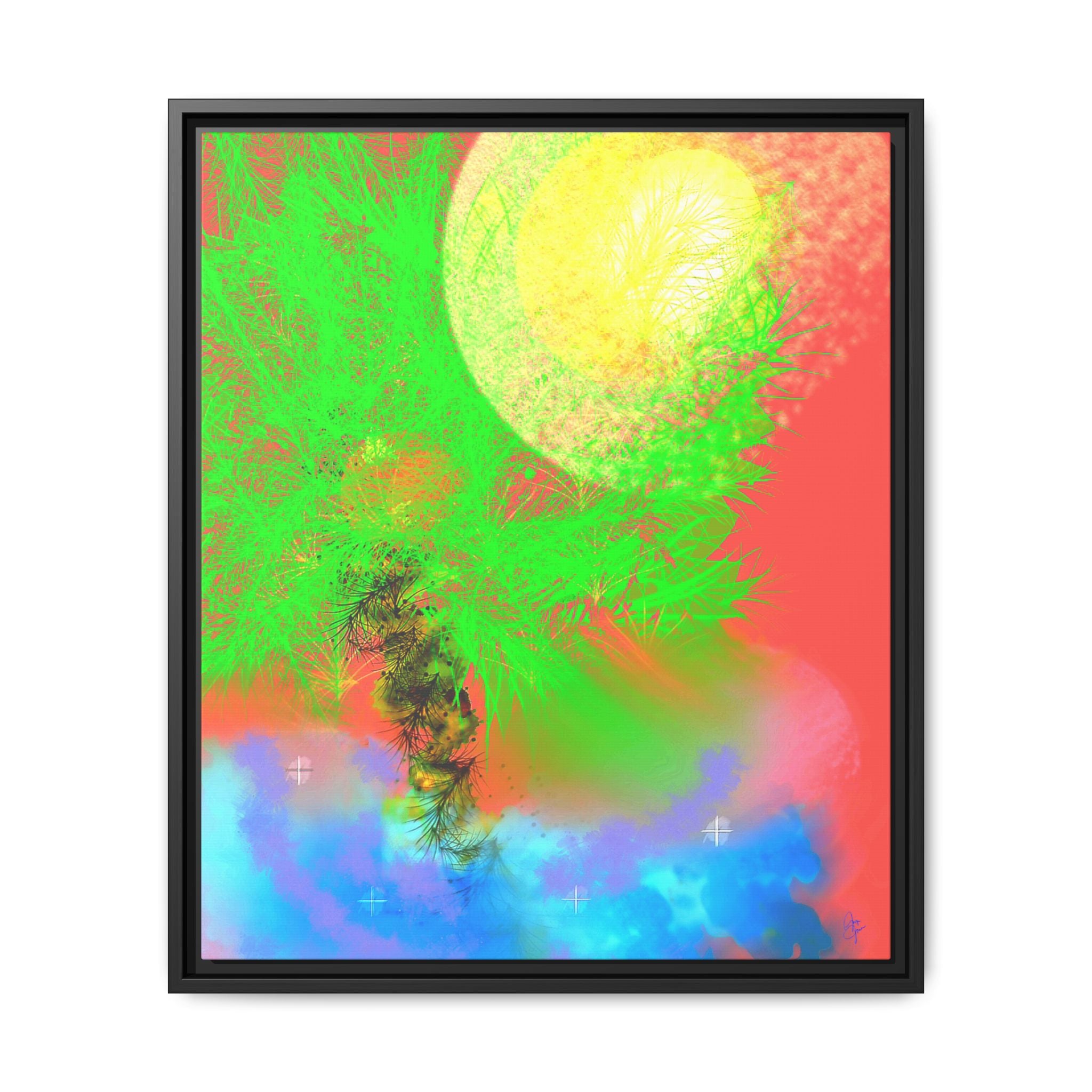 Abstract Neon Tree Matte Canvas Framed Art — Vibrant Green Moon Landscape