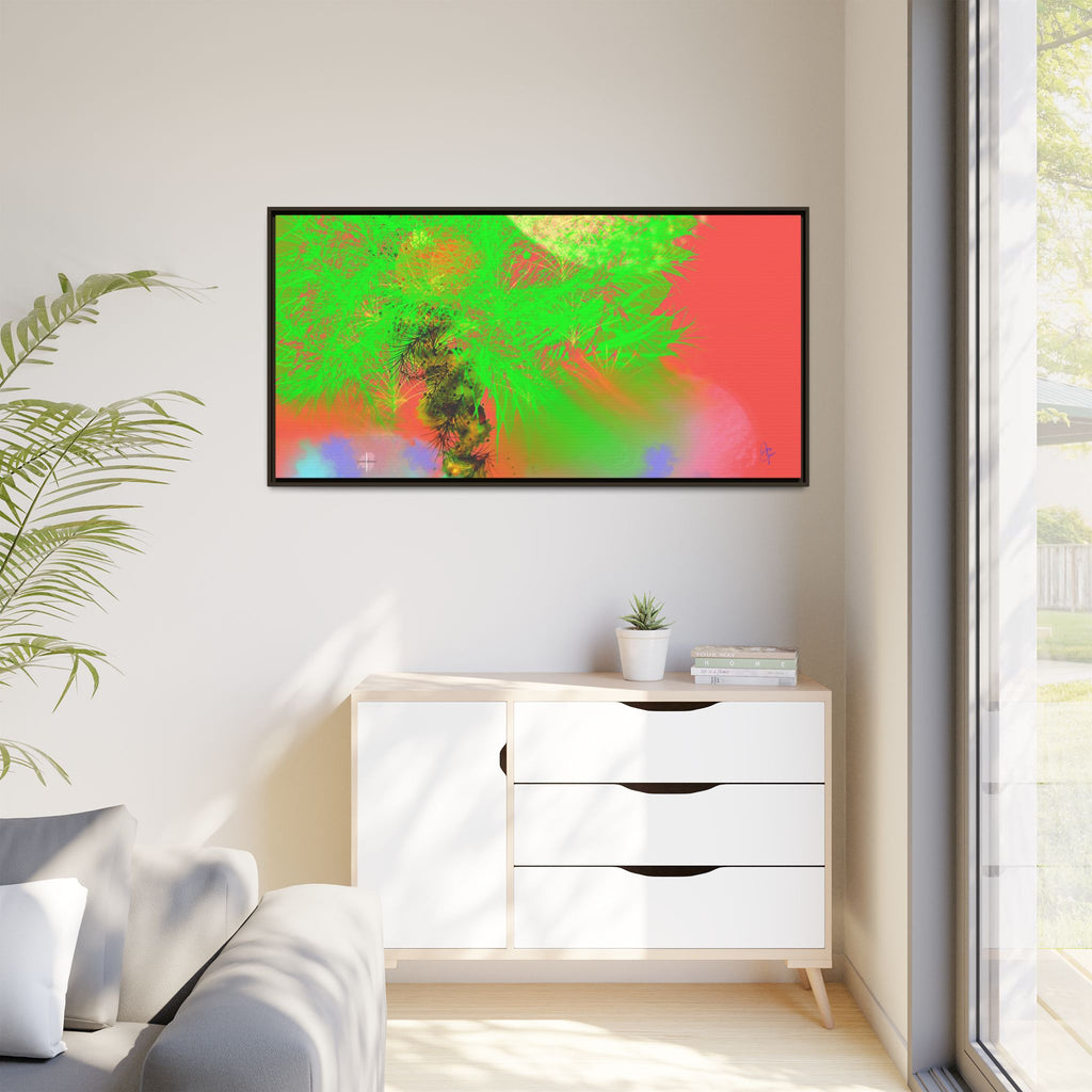 Abstract Neon Tree Matte Canvas Framed Art — Vibrant Green Moon Landscape
