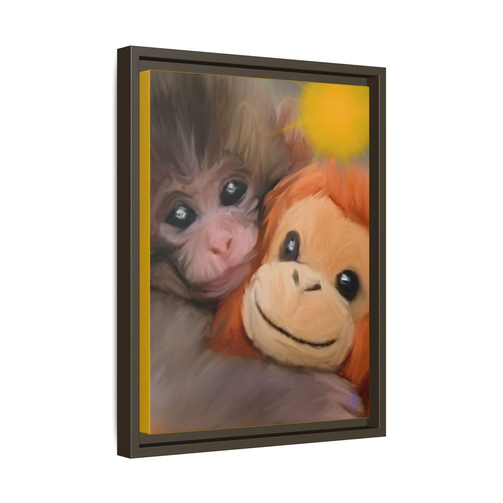 Framed Matte Canvas Print — Baby Monkey & Plush Orangutan Wall Art