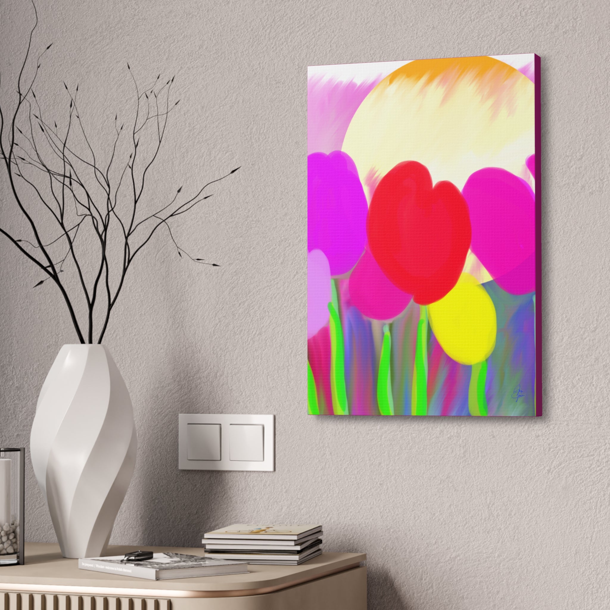 Bright Tulip Canvas Wall Art — Colorful Heart Flowers Stretched Canvas