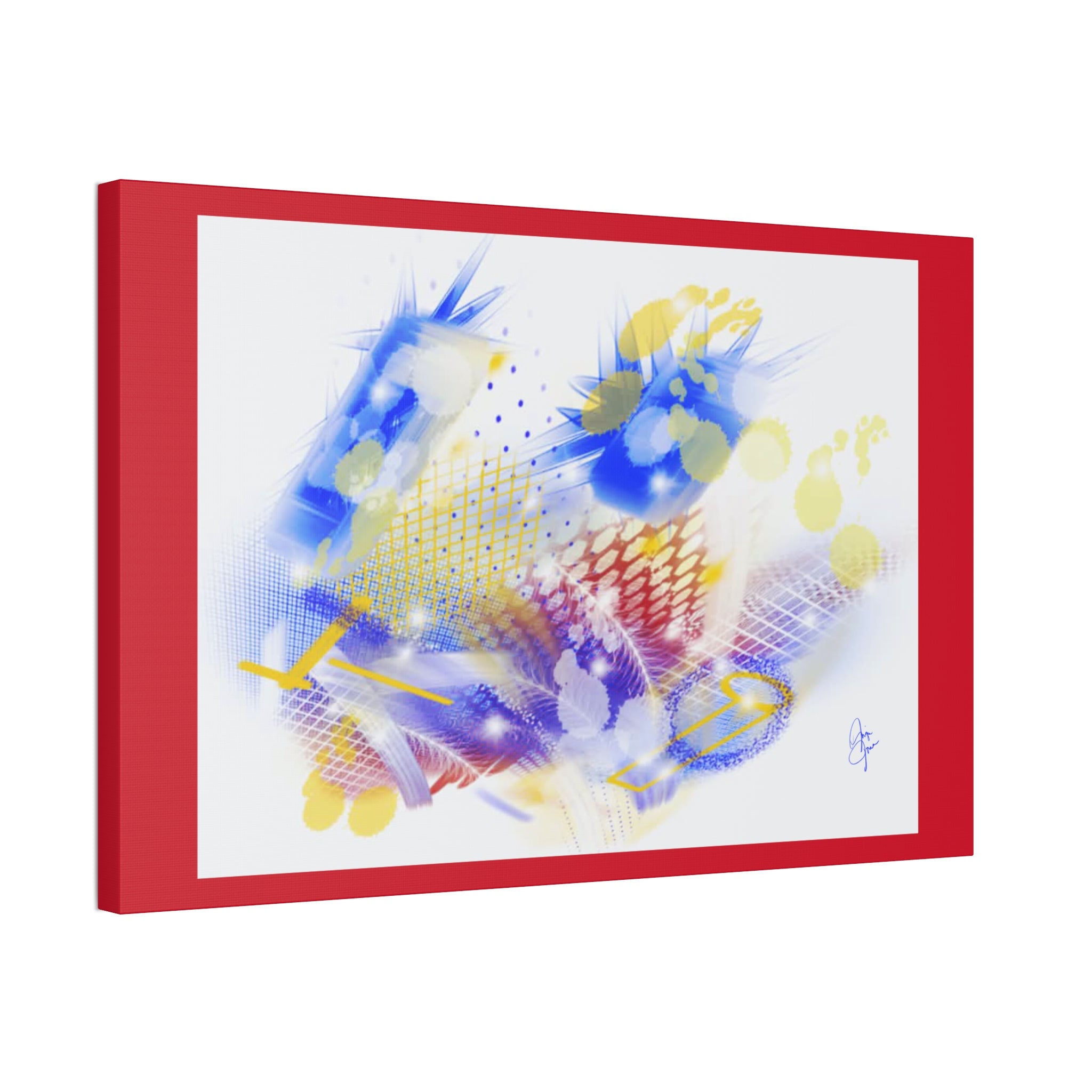 Abstract Blue & Yellow Art Canvas Print — Stretched 1.5" with Red Border