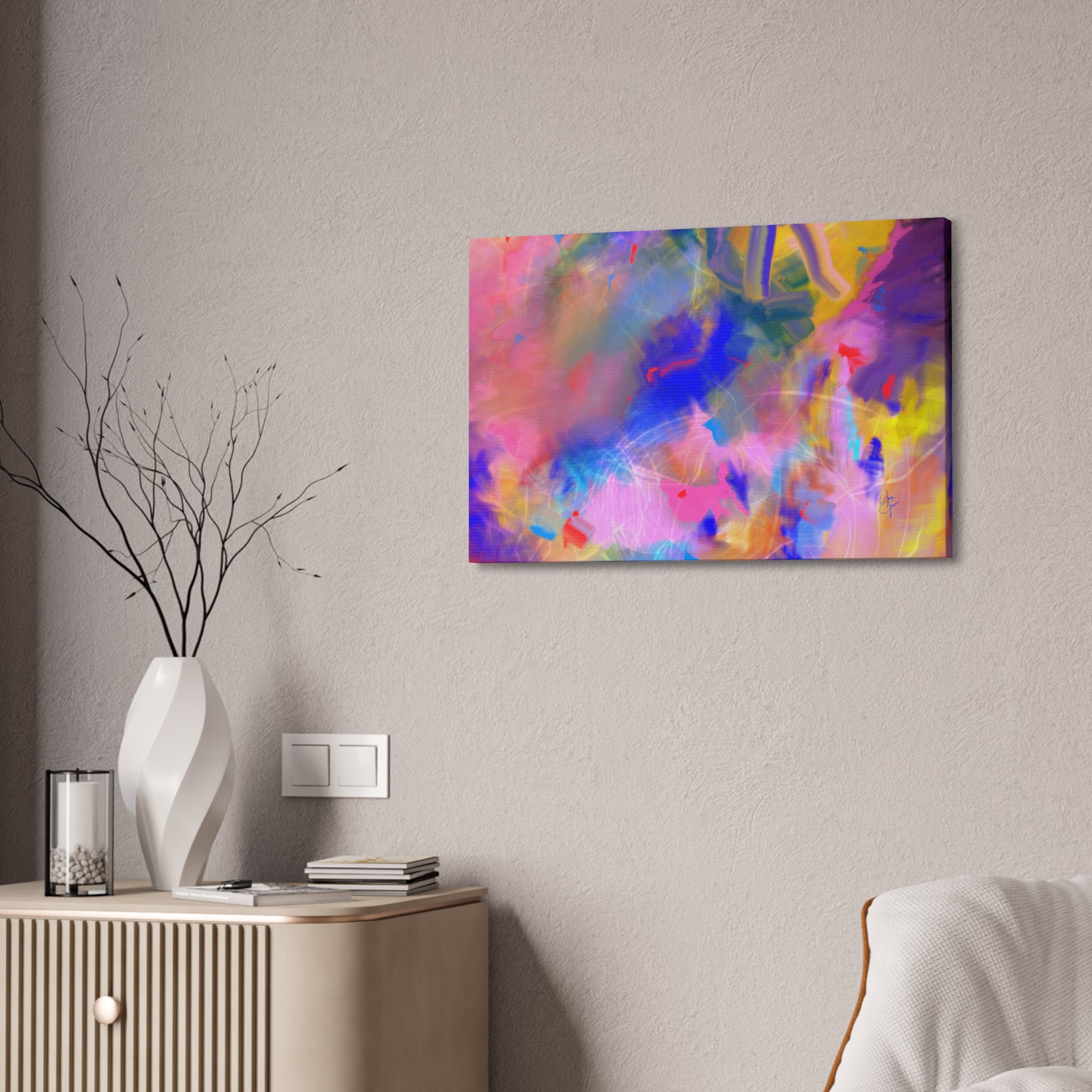 Abstract Color Burst Canvas – Vibrant Pink & Blue Stretched Wall Art