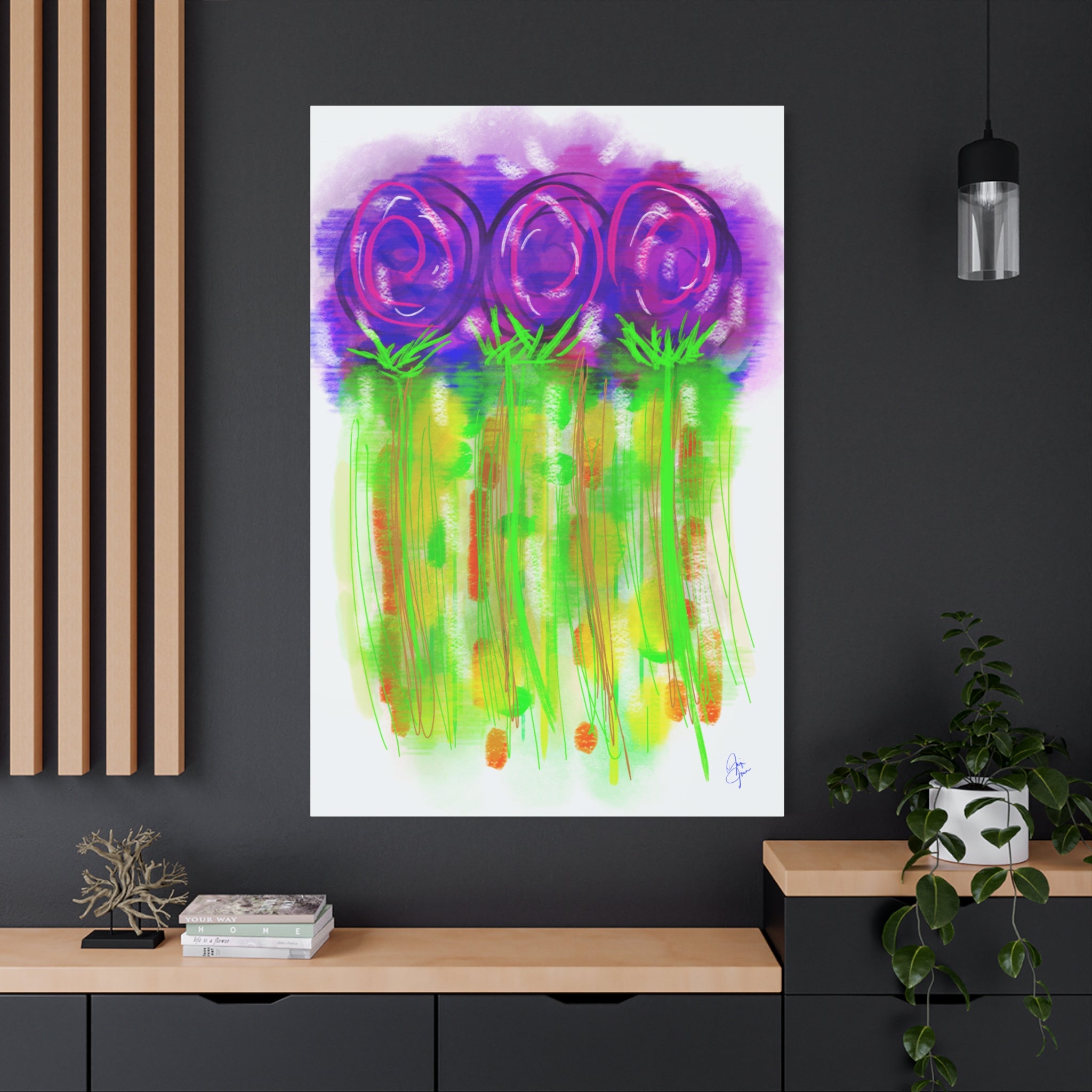 Abstract Purple Flowers Matte Canvas Wall Art — Vibrant Floral Painting on Stretched Canvas