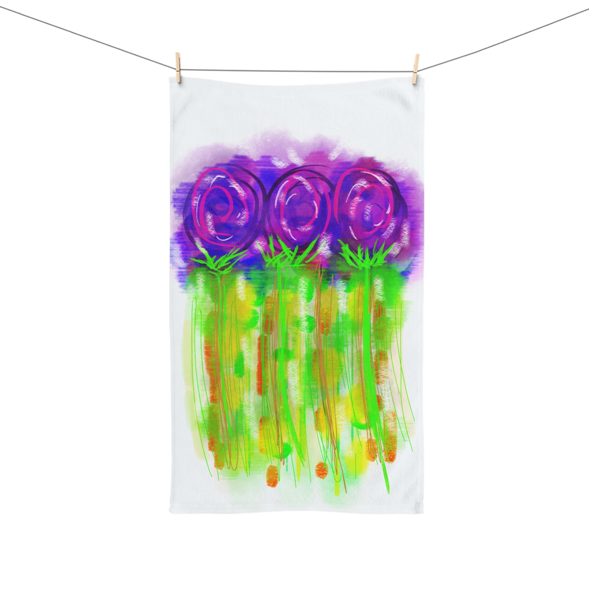Purple Bloom Watercolor Hand Towel — Bright Floral Kitchen & Bath Accent