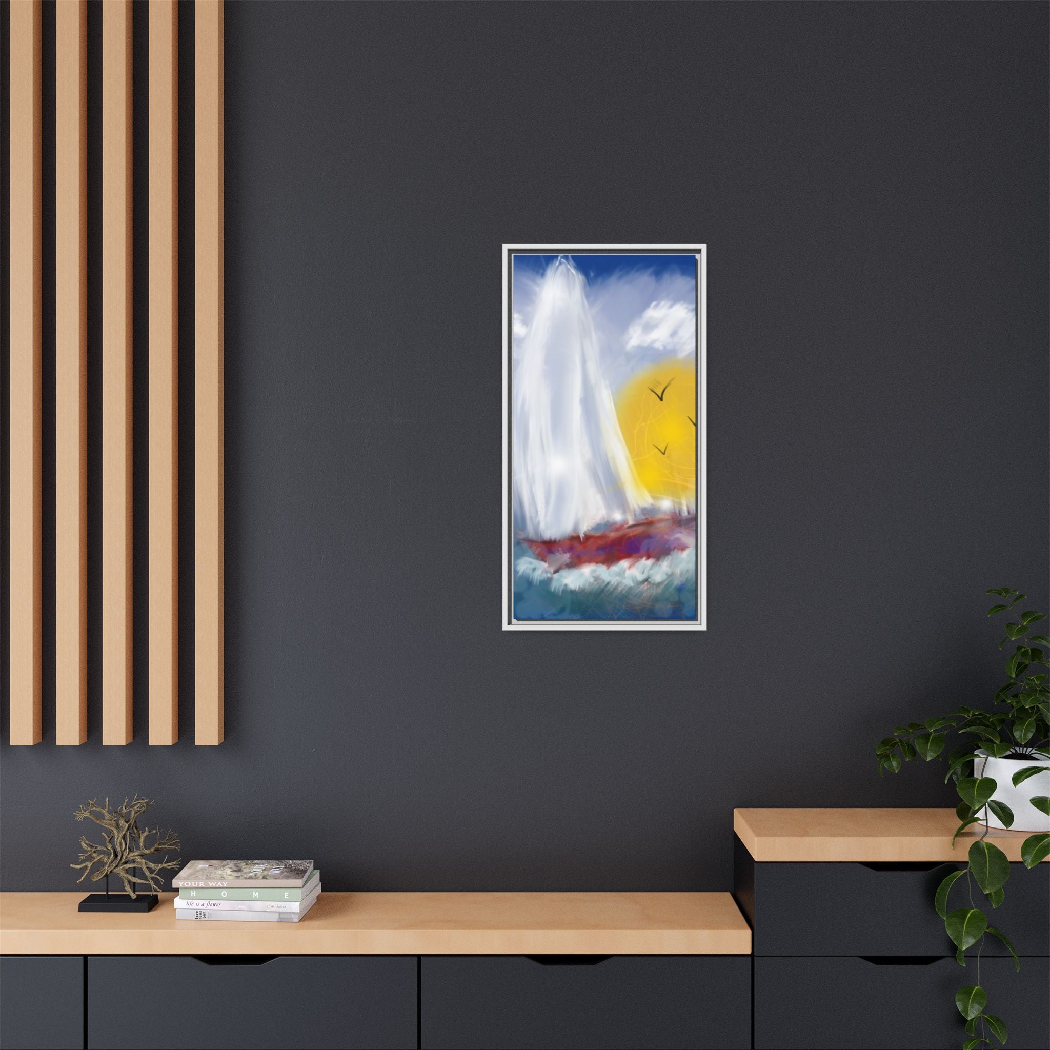 Sailboat Sunset Matte Framed Canvas Print — Coastal Seascape Wall Art