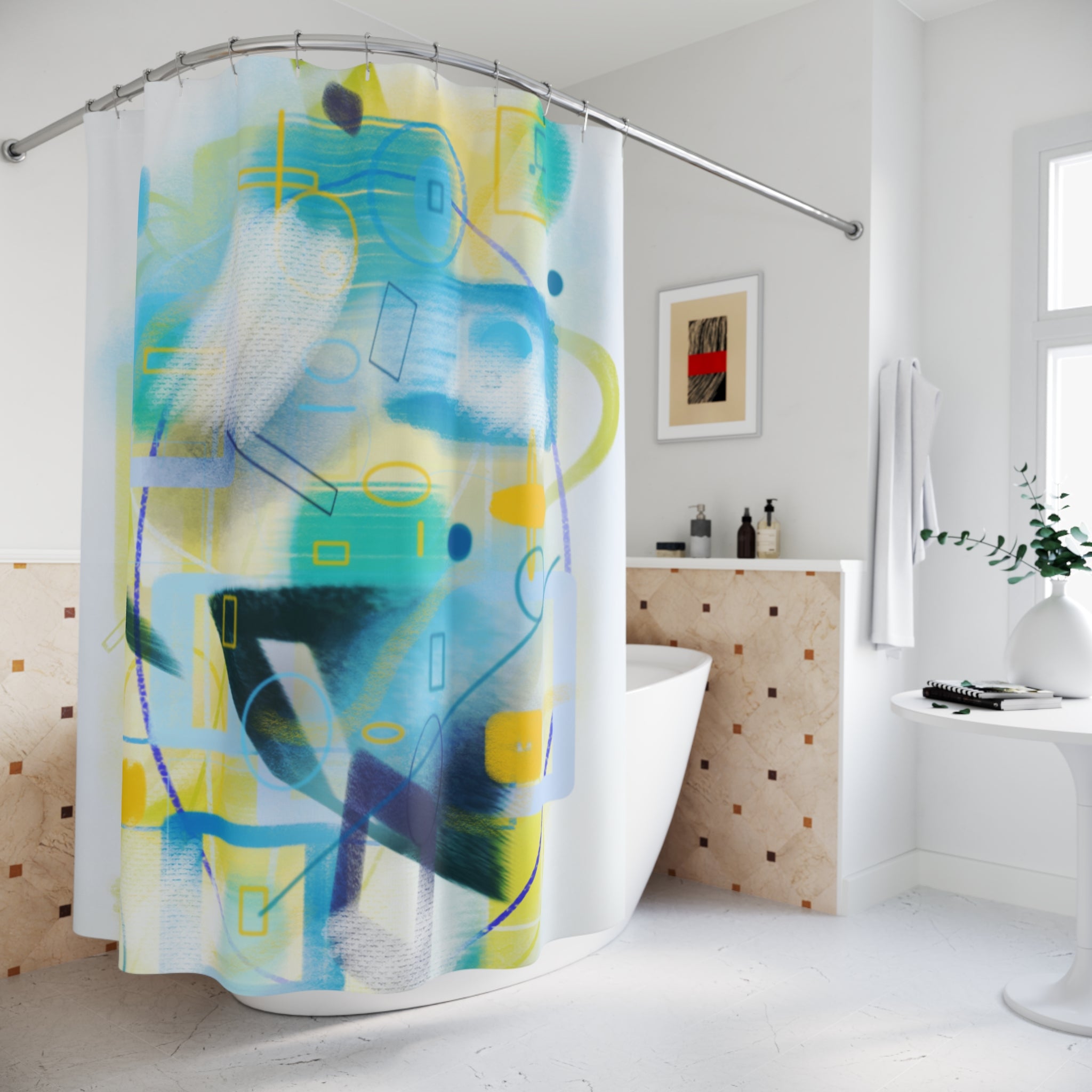 Abstract Coastal Blue Shower Curtain — Modern Geometric Bathroom Decor