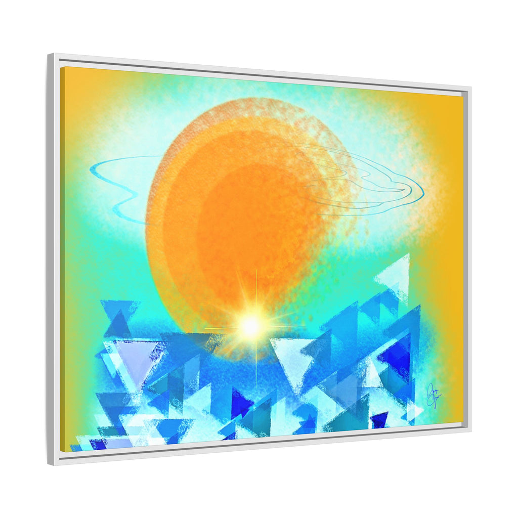 Abstract Sunrise Framed Canvas Art – Orange Sun Over Blue Geometric Waves