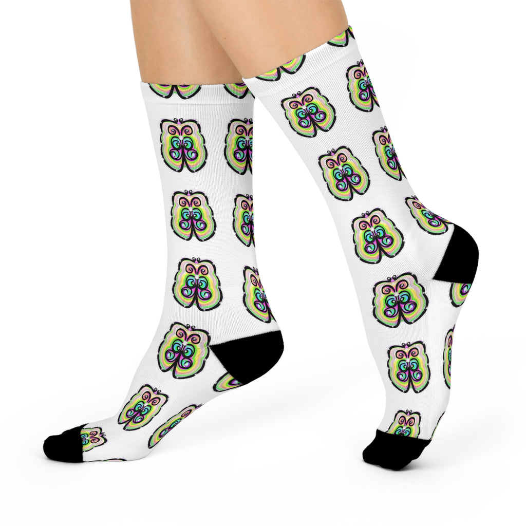 Butterfly Pattern Cushioned Crew Socks — Colorful Retro Floral Design